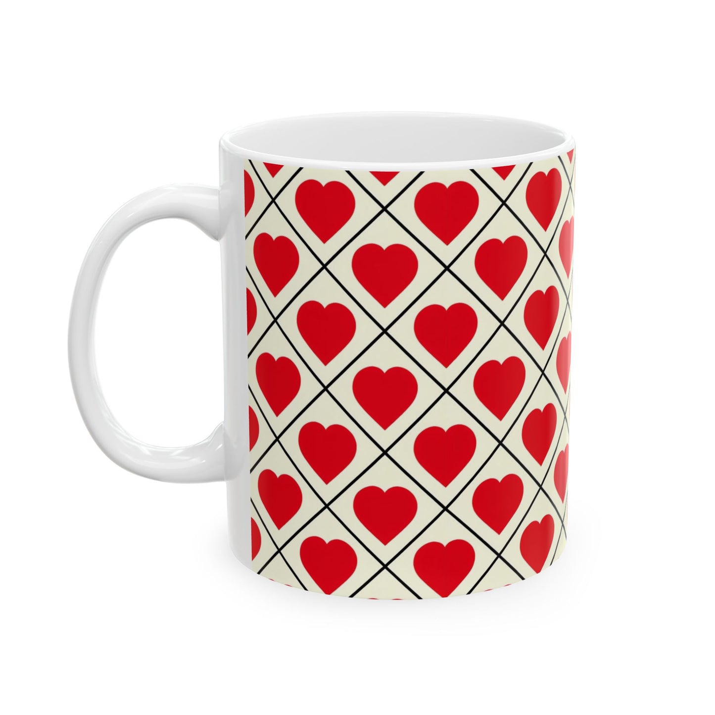 Heart Pattern Ceramic Mug – Red Hearts Grid Coffee Cup (11oz, 15oz)