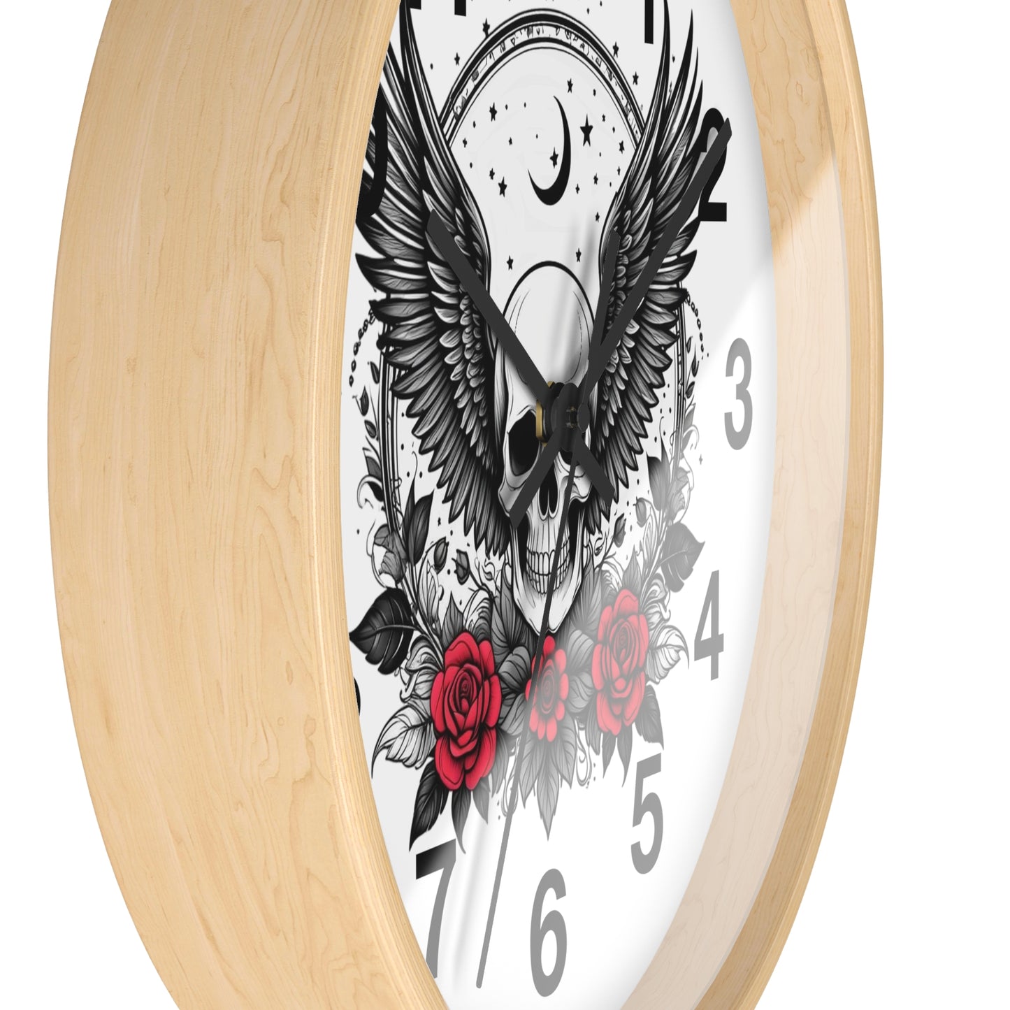 Winged Skull with Roses Wall Clock | Gothic Skull Clock