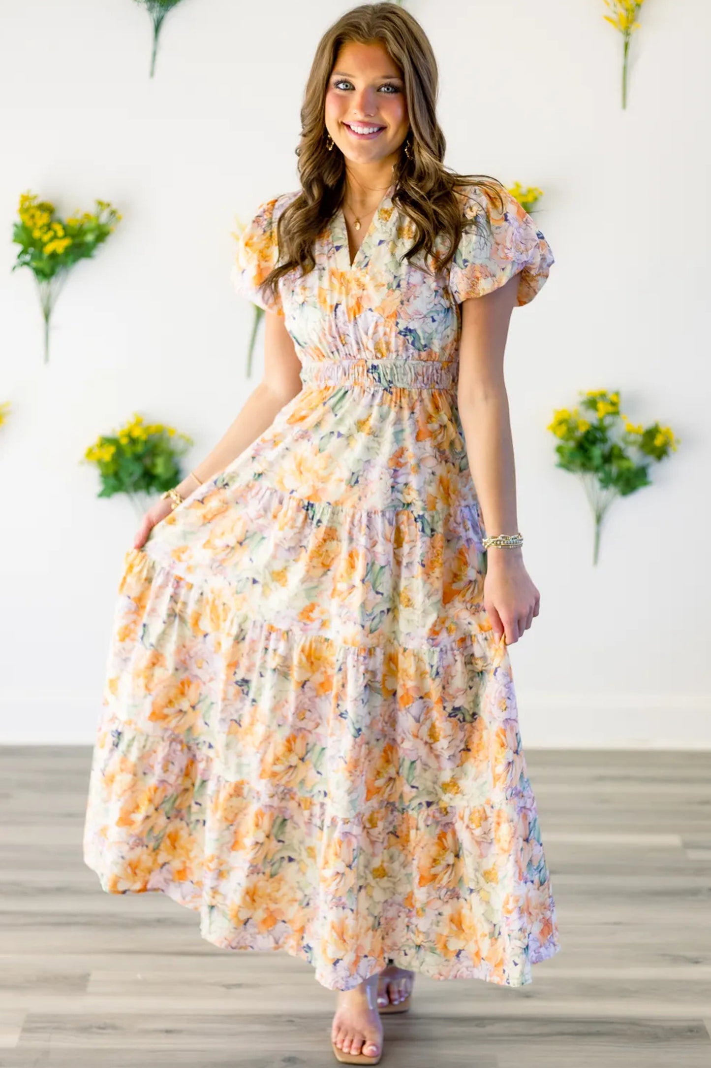 Floral Bubble Sleeve V Neck Flared Maxi Dress