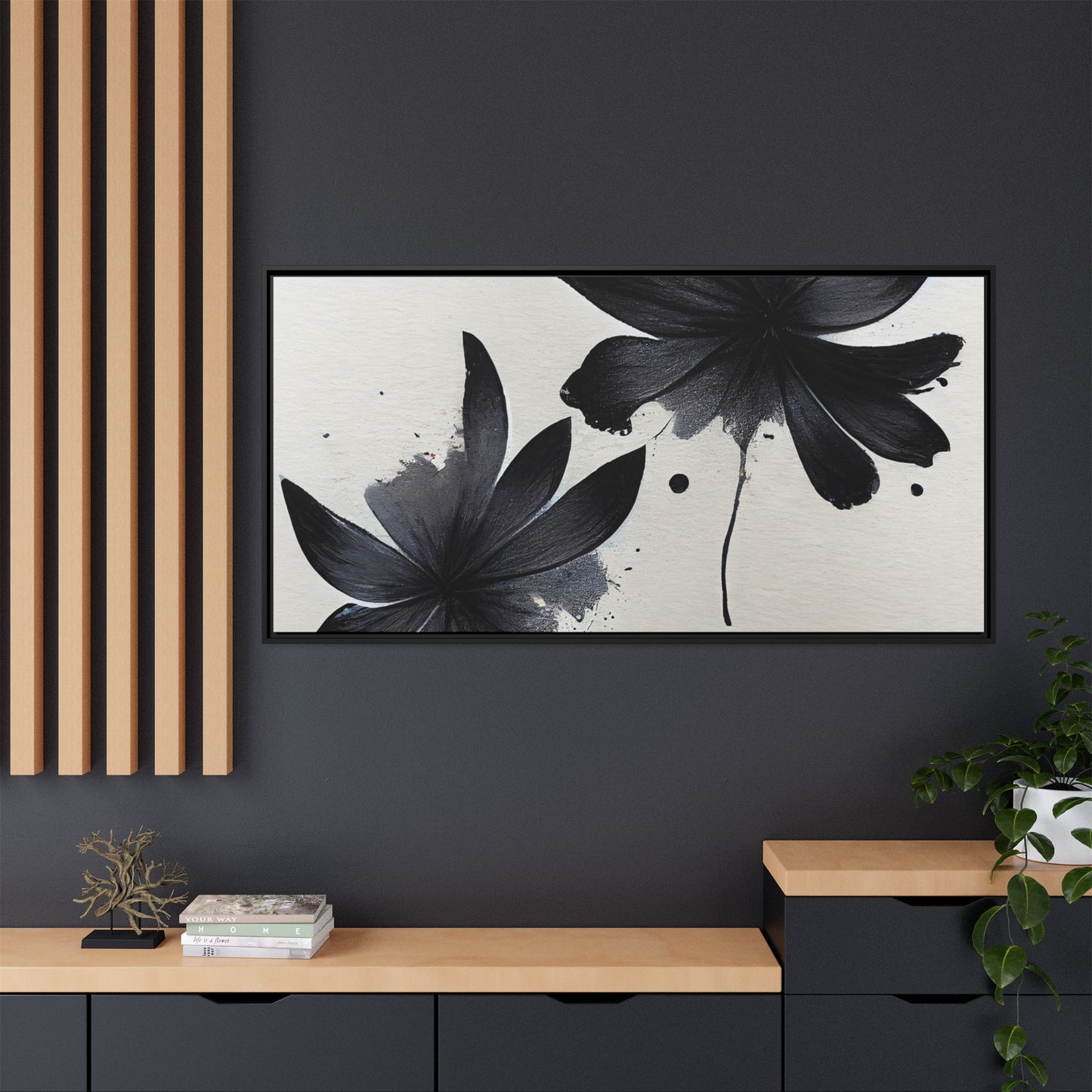Framed Black Floral Matte Canvas Wall Art — Monochrome Botanical Print