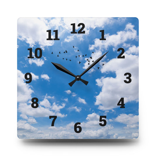 Sky Blue Acrylic Wall Clock - Modern Decor, Birds, Home Office, Unique Wall Art
