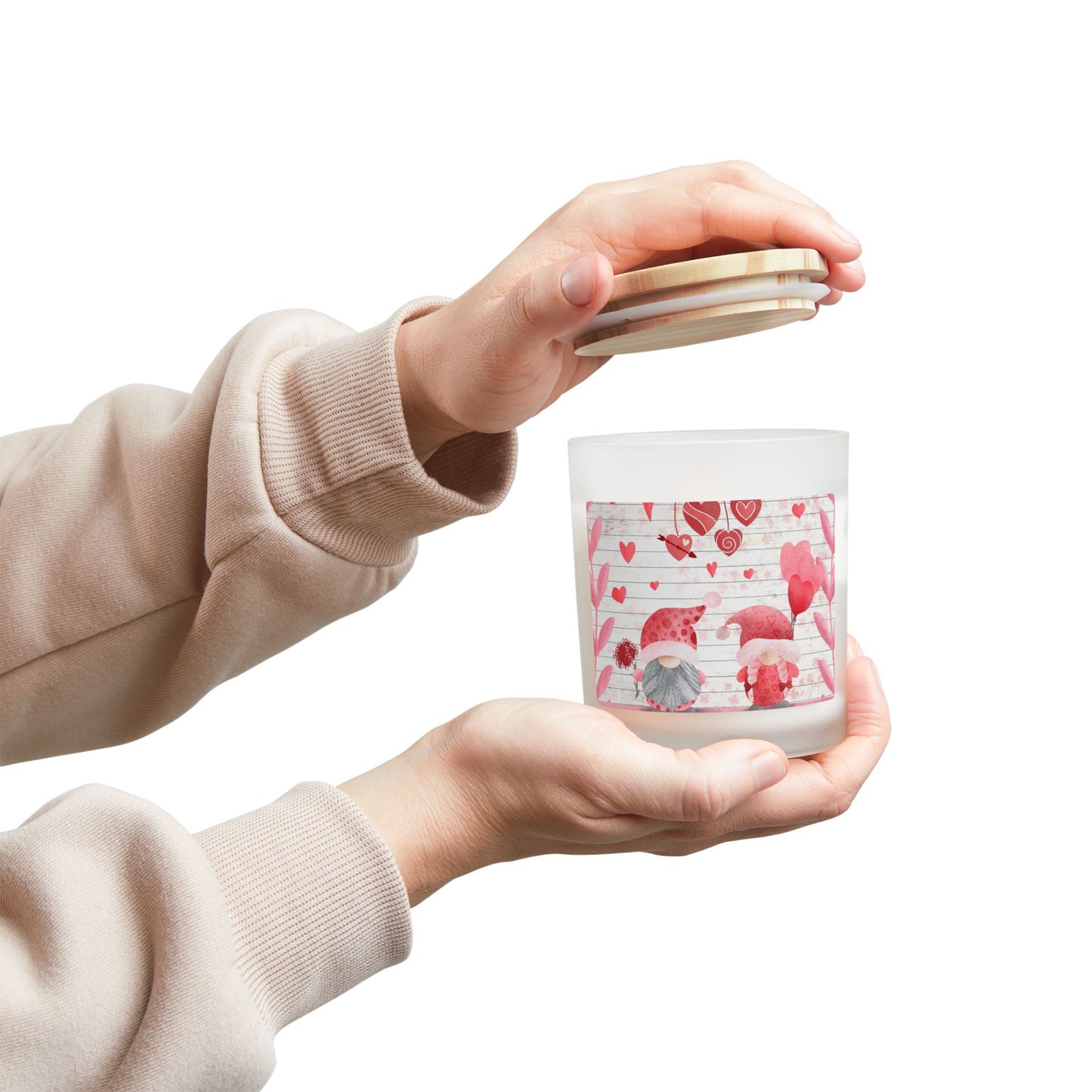 Valentine Gnome Frosted Glass Candle – 11oz Romantic Heart Scented Candle