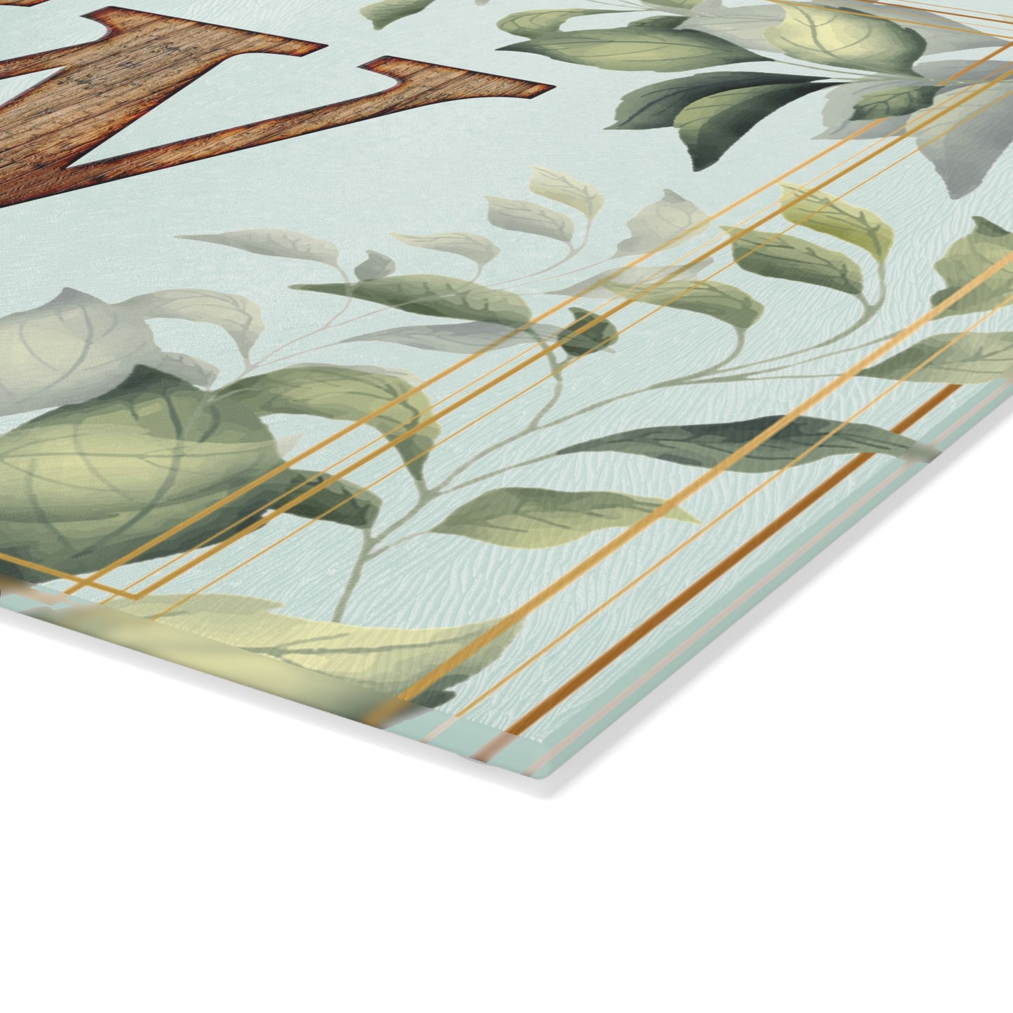 Monogram Glass Cutting Board — Rustic Wood 'W' with Greenery Border