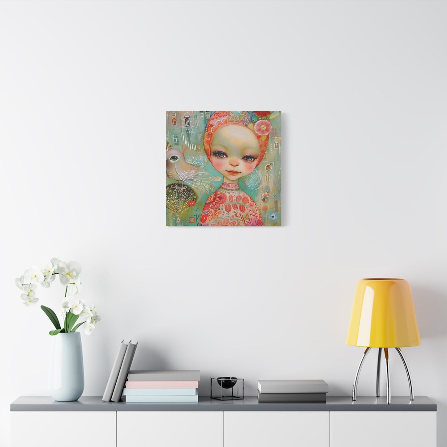 Whimsical Girl & Bird Matte Canvas Wall Art — Stretched Decorative Painting