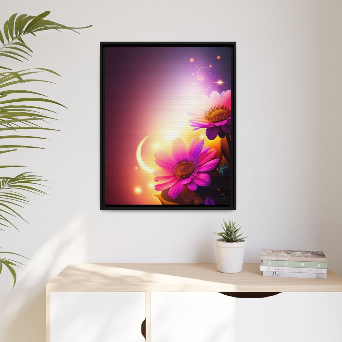 Framed Floral Canvas Art — Pink Daisies Sunset Wall Print