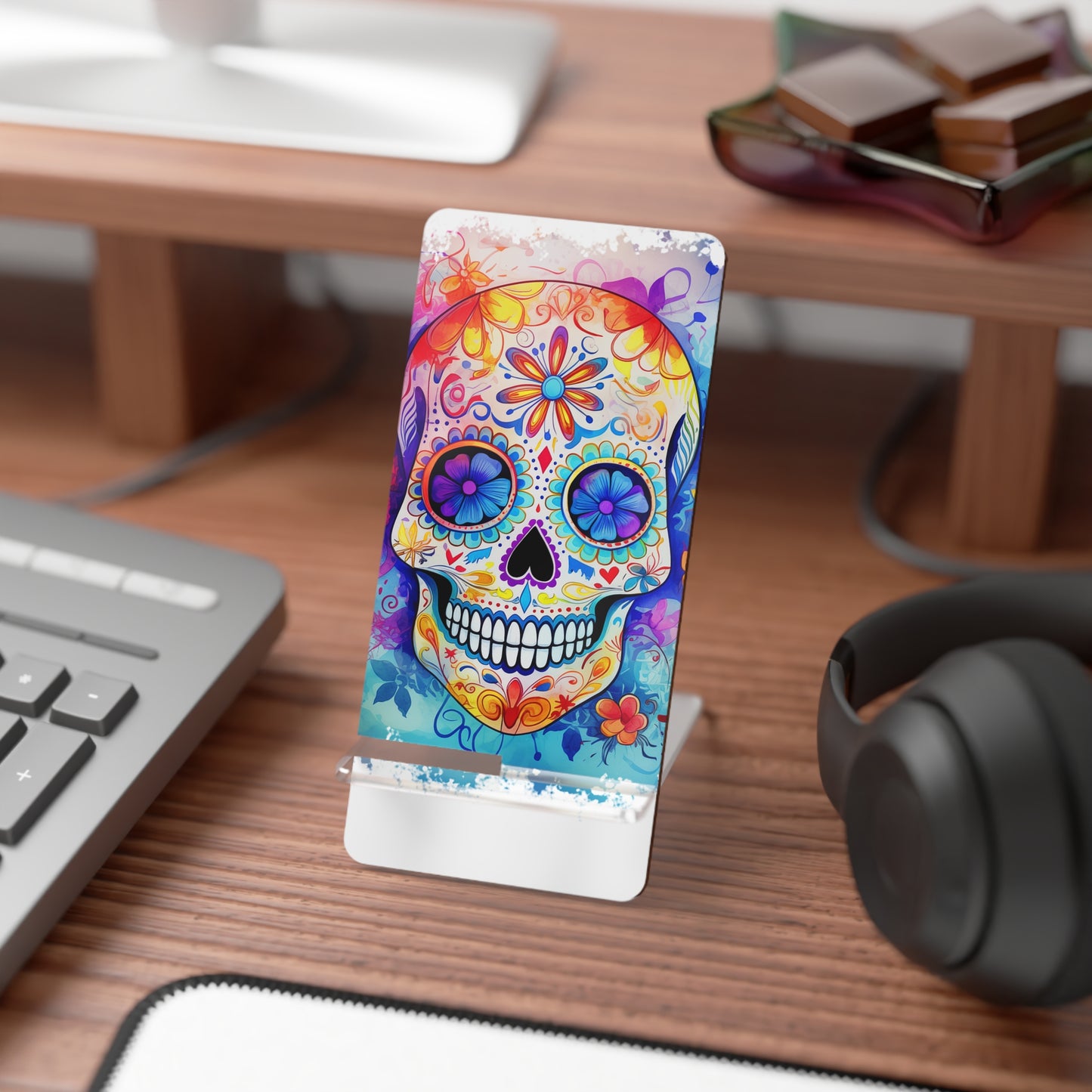 Day of the Dead Sugar Skull Phone Stand – Colorful Mobile Display Stand