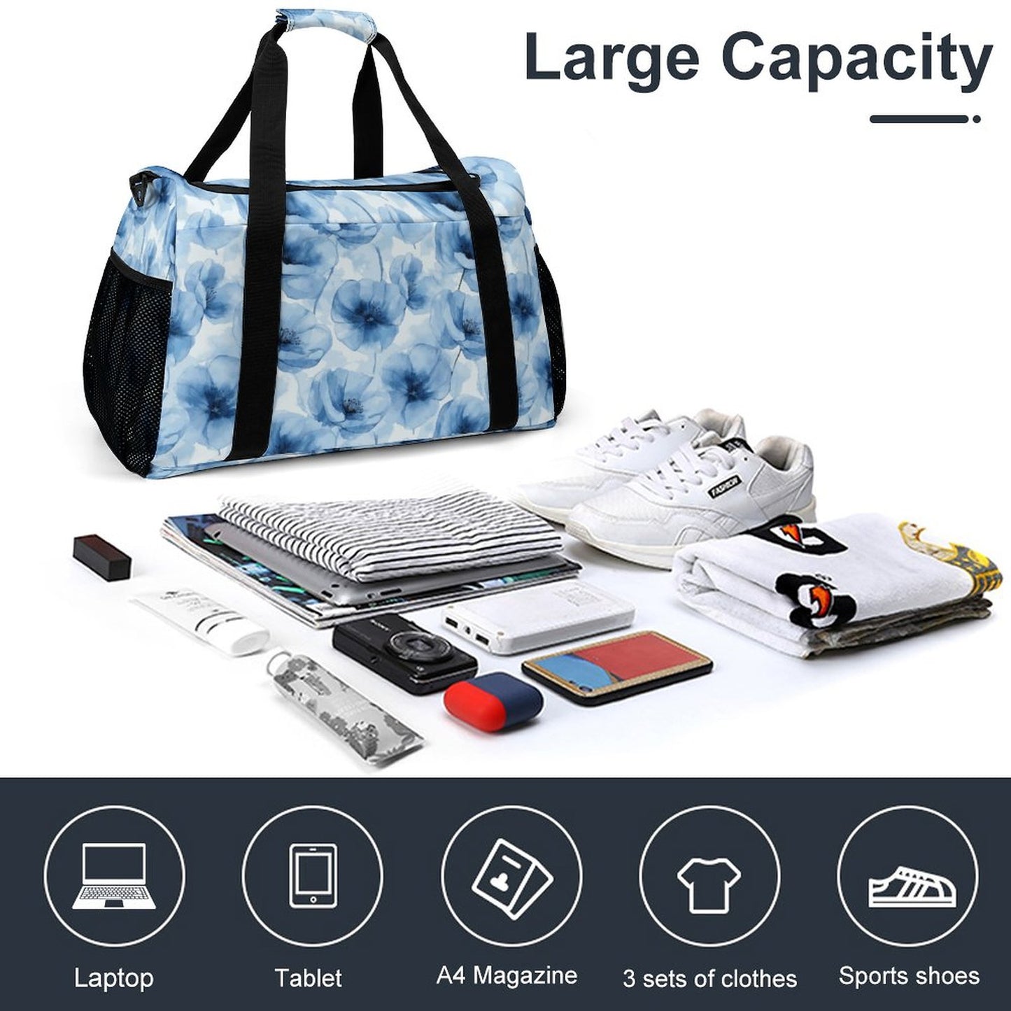 Travel Duffel Bag Blue Flowers