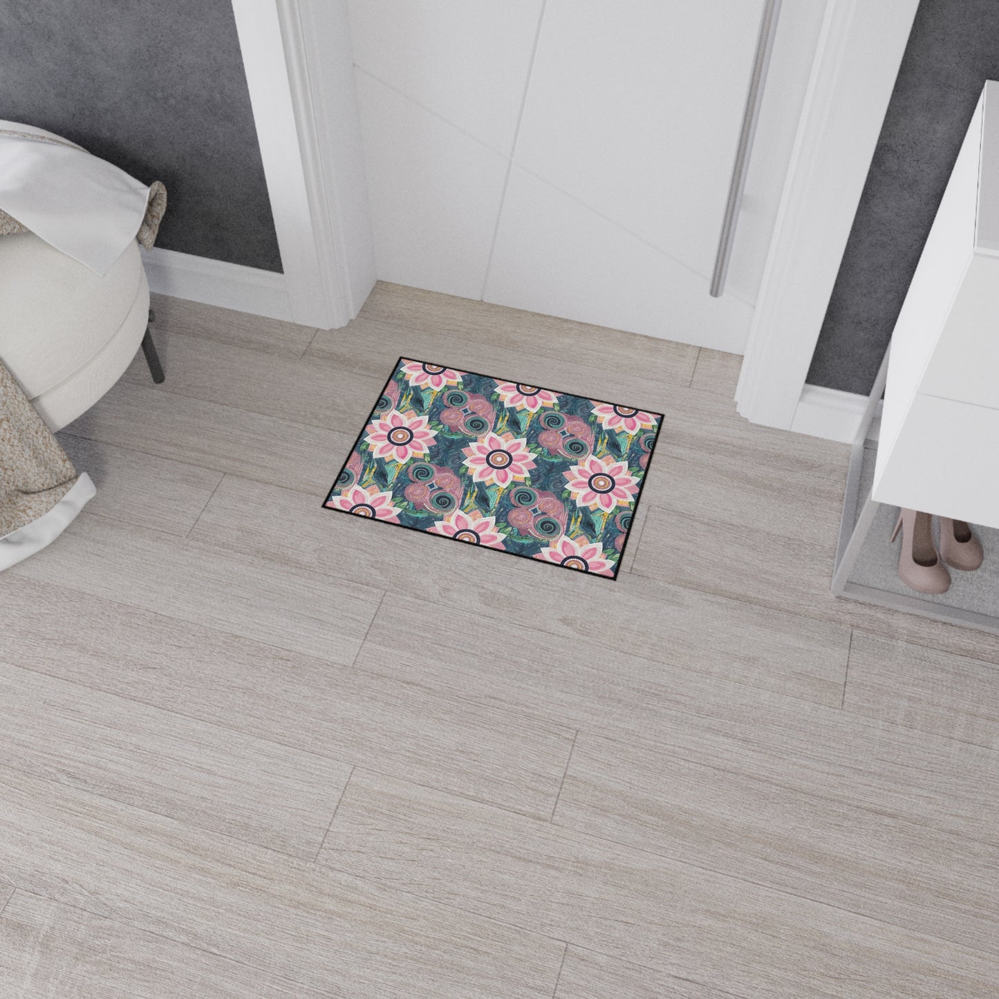 Floral Boho Heavy-Duty Floor Mat — Pink Lotus Pattern Rug