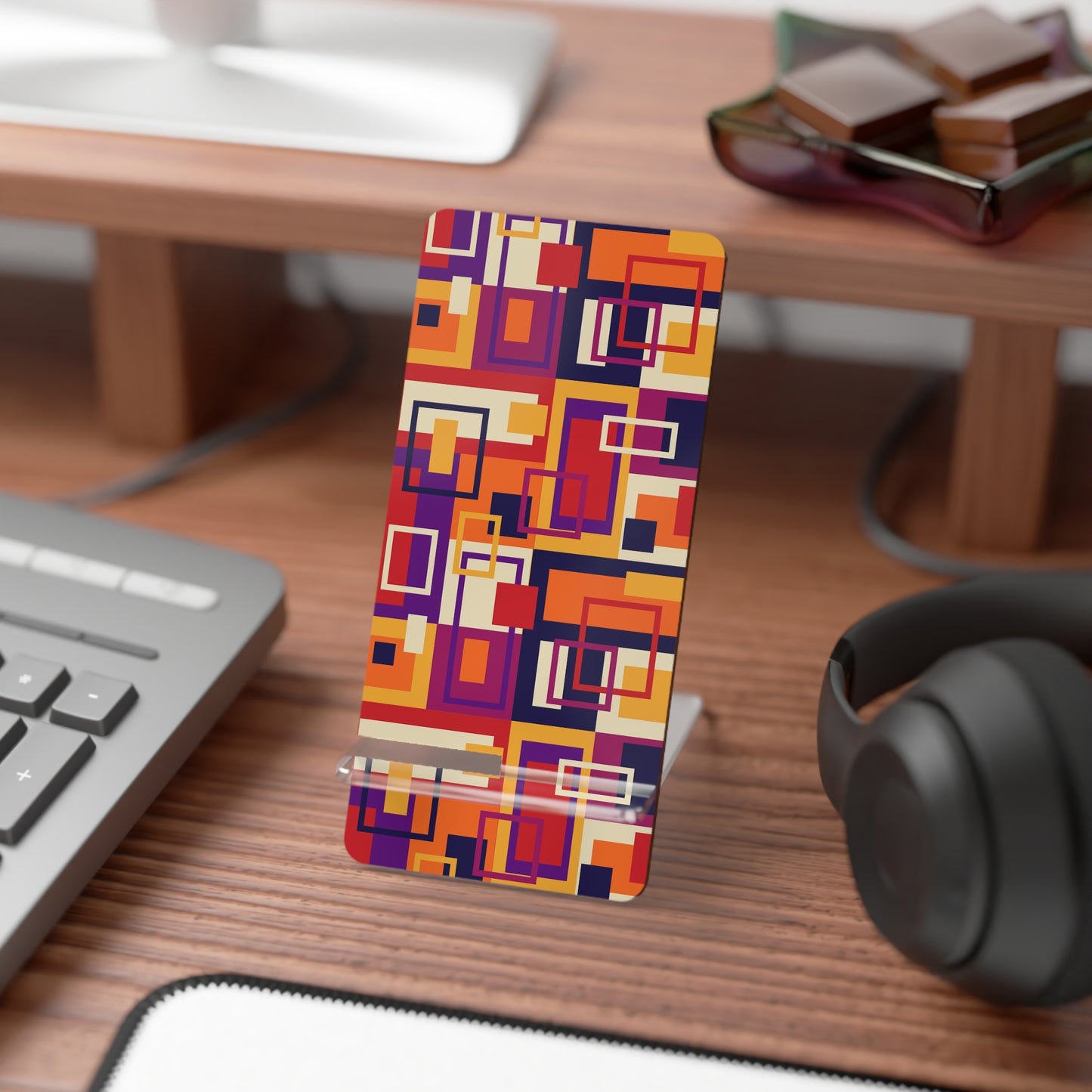 Phone Stand — Retro Geometric Orange & Purple Mobile Display Stand