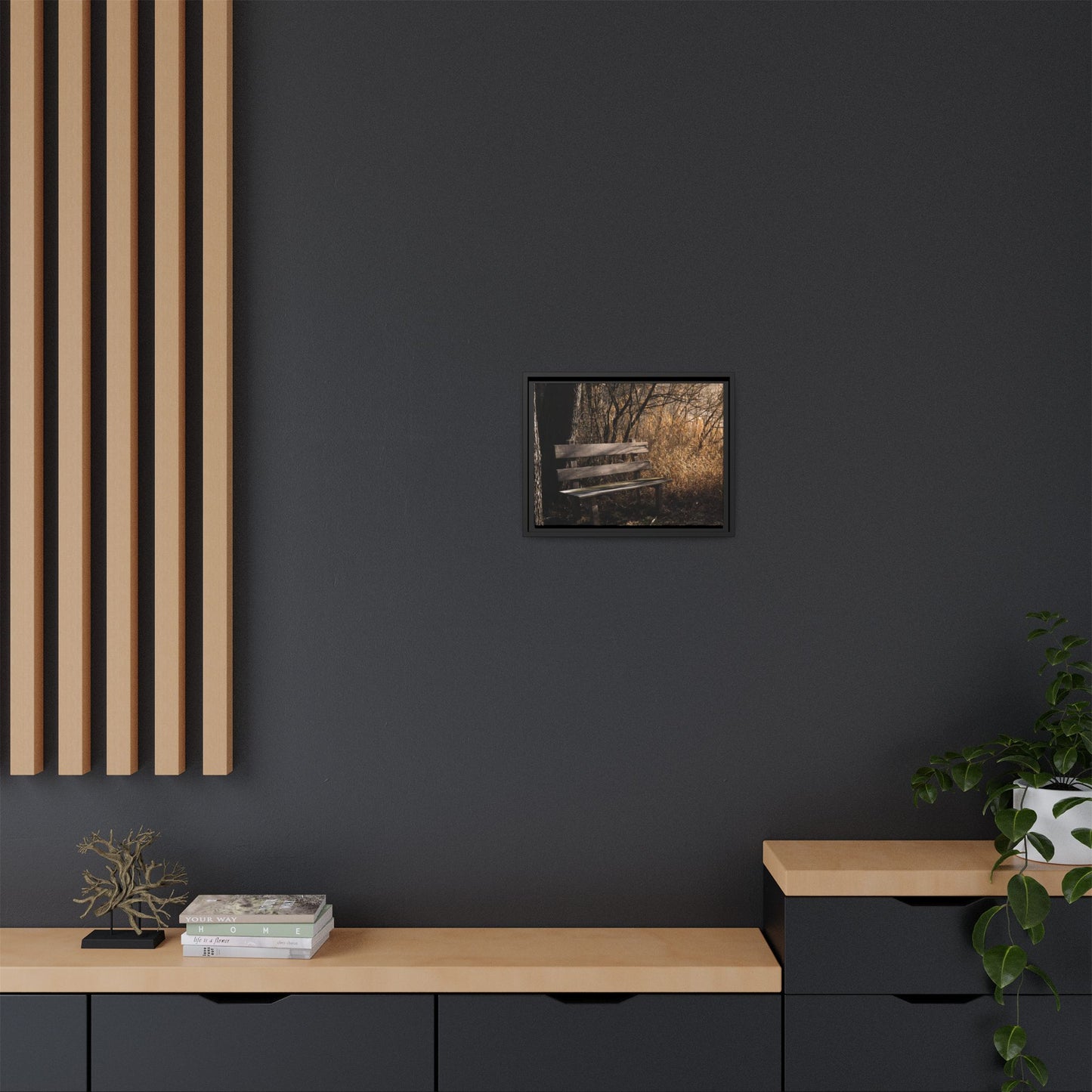 Framed Matte Canvas Print — Autumn Park Bench Photography