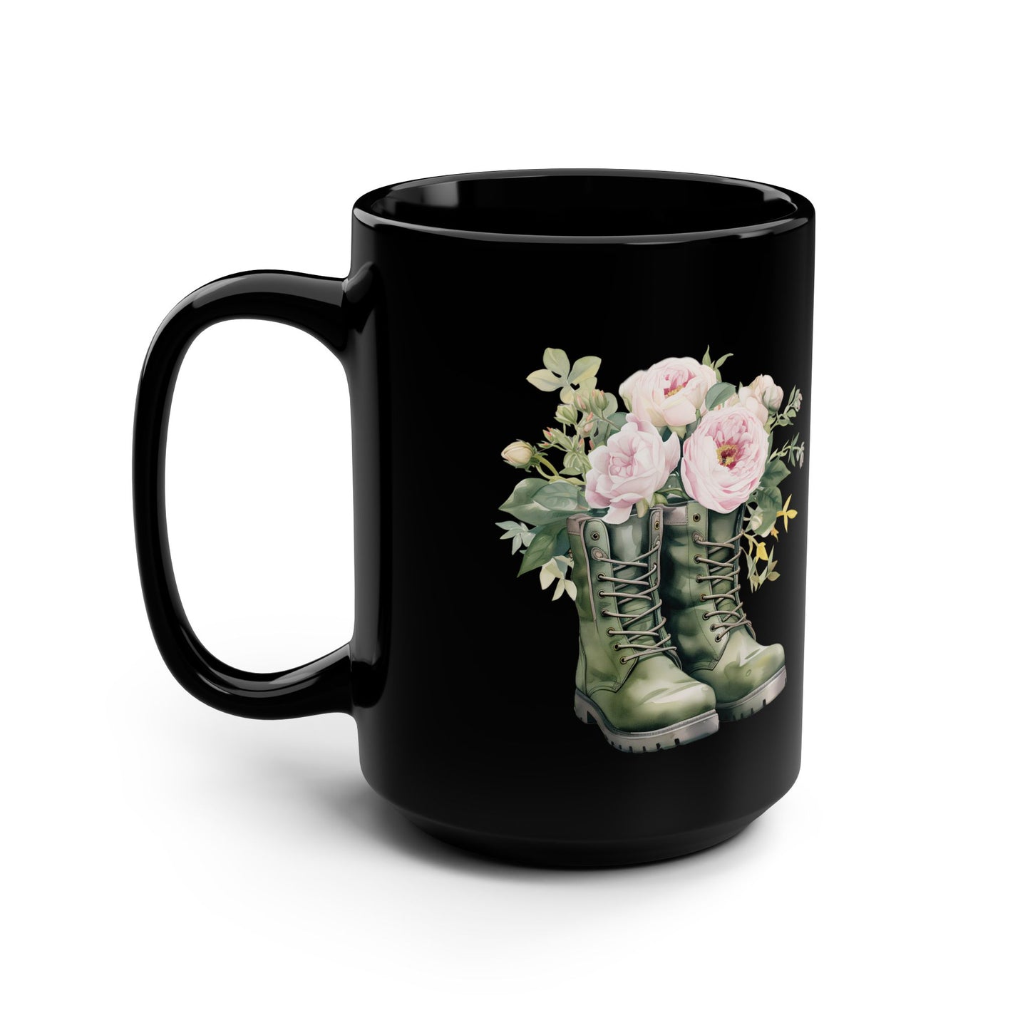 Floral Combat Boots Black 15oz Mug — Rustic Military Flower Coffee Cup