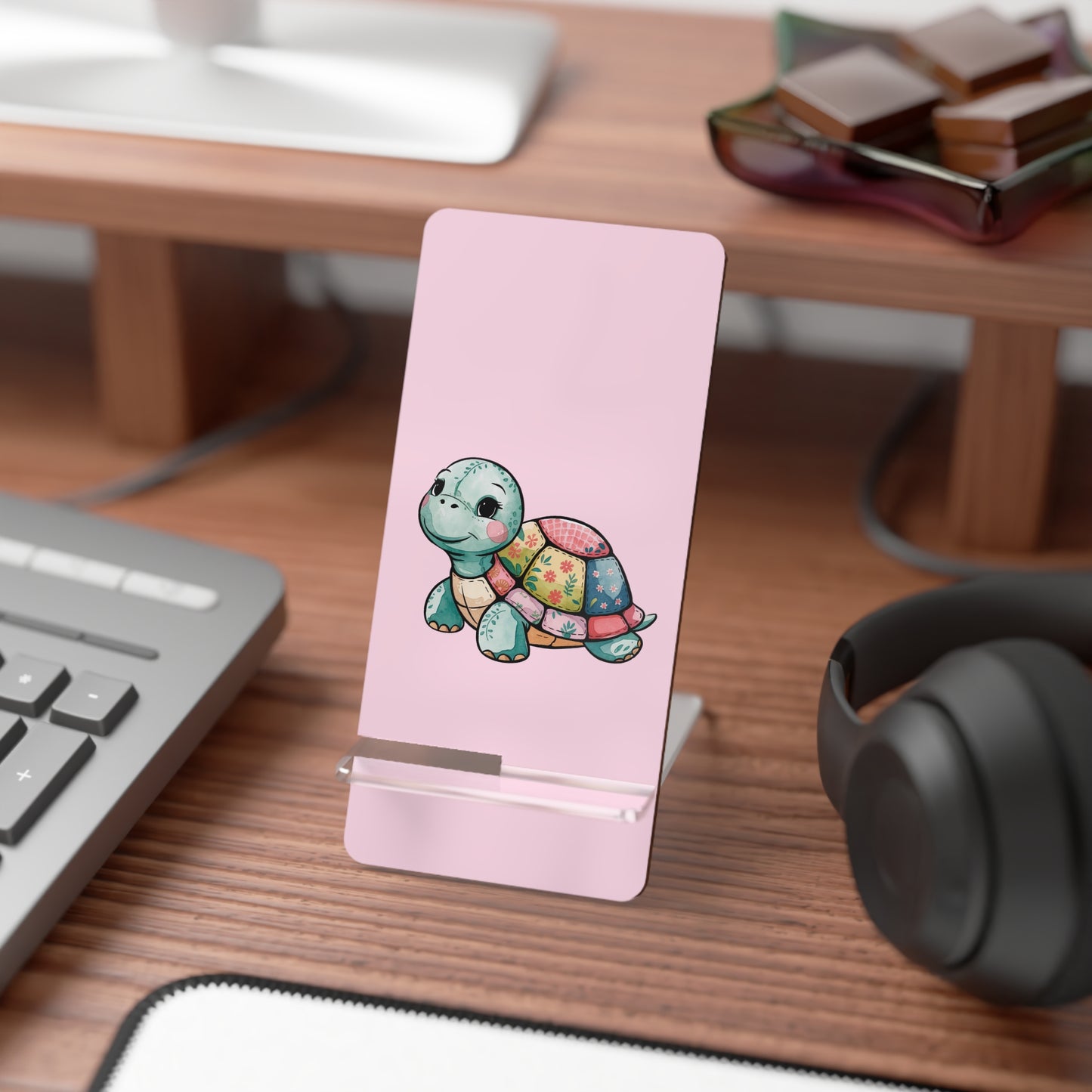Phone Stand — Cute Patchwork Turtle Pink Mobile Display Stand