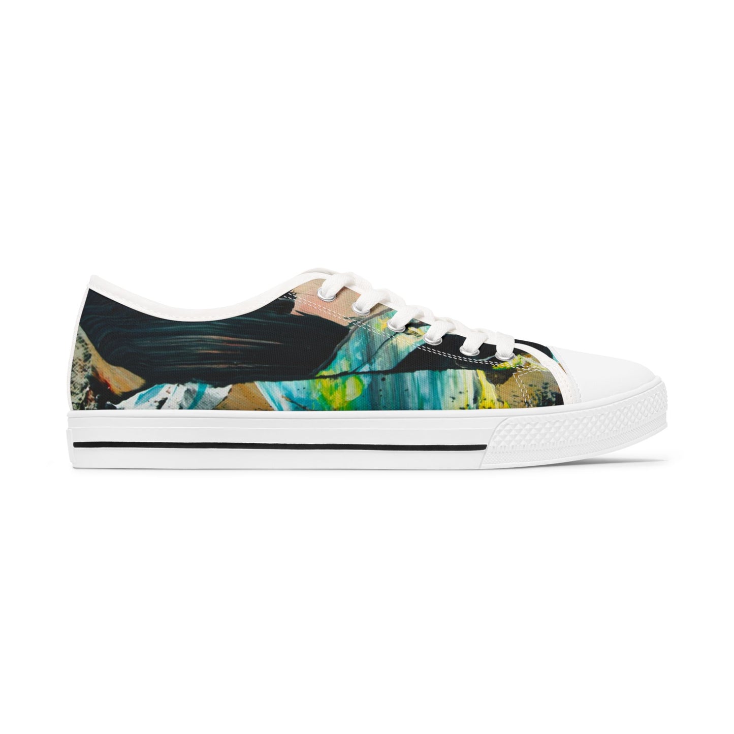 Low Top Sneakers — Abstract Teal & Yellow Brushstroke Canvas Shoes