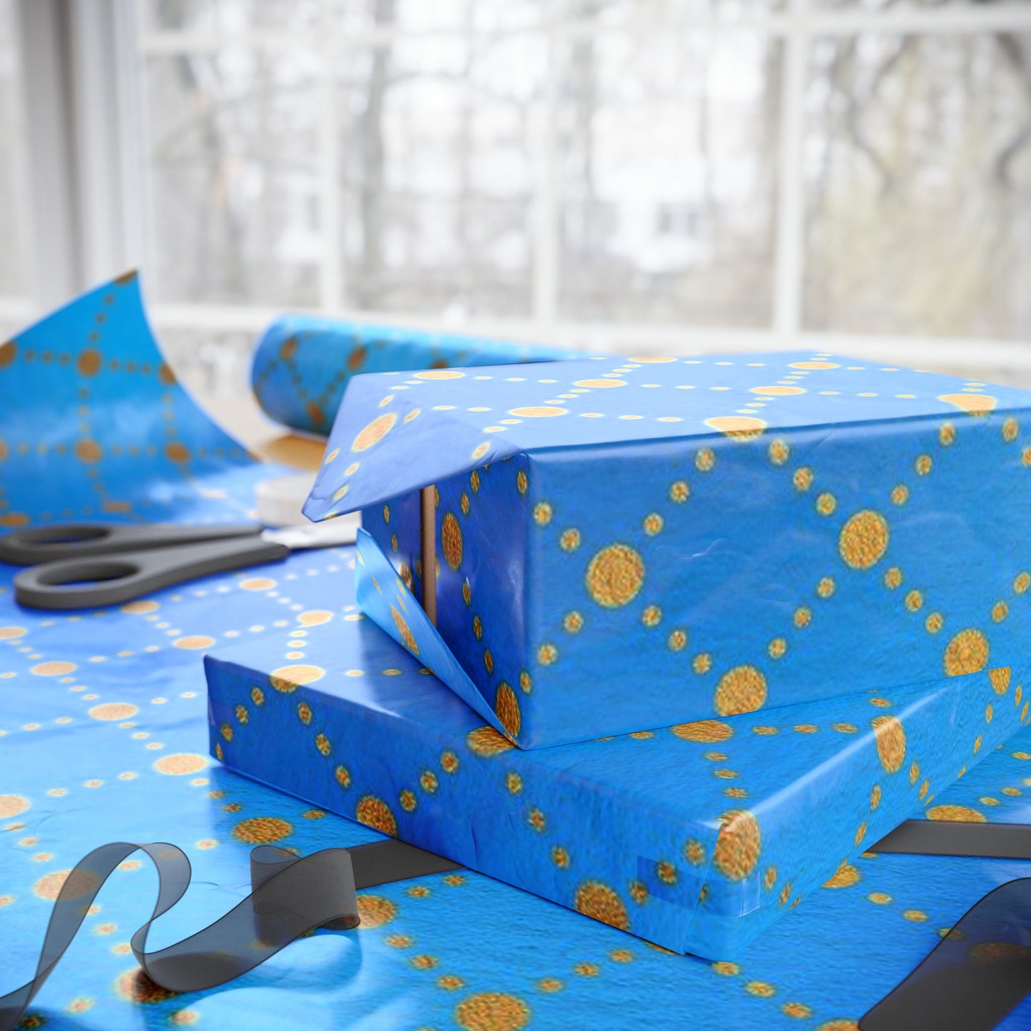 Blue Gold Dotted Swirl Wrapping Paper Roll — Decorative Gift Wrap