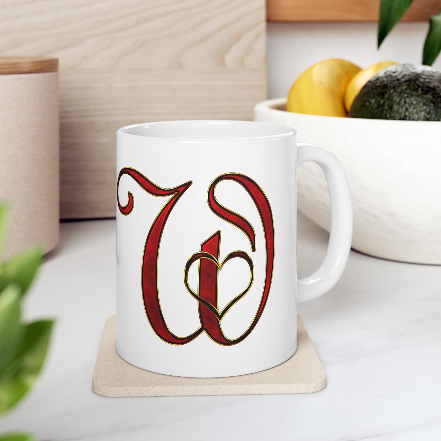 Monogram Script Ceramic Mug – Elegant Red Lettering (11oz & 15oz)