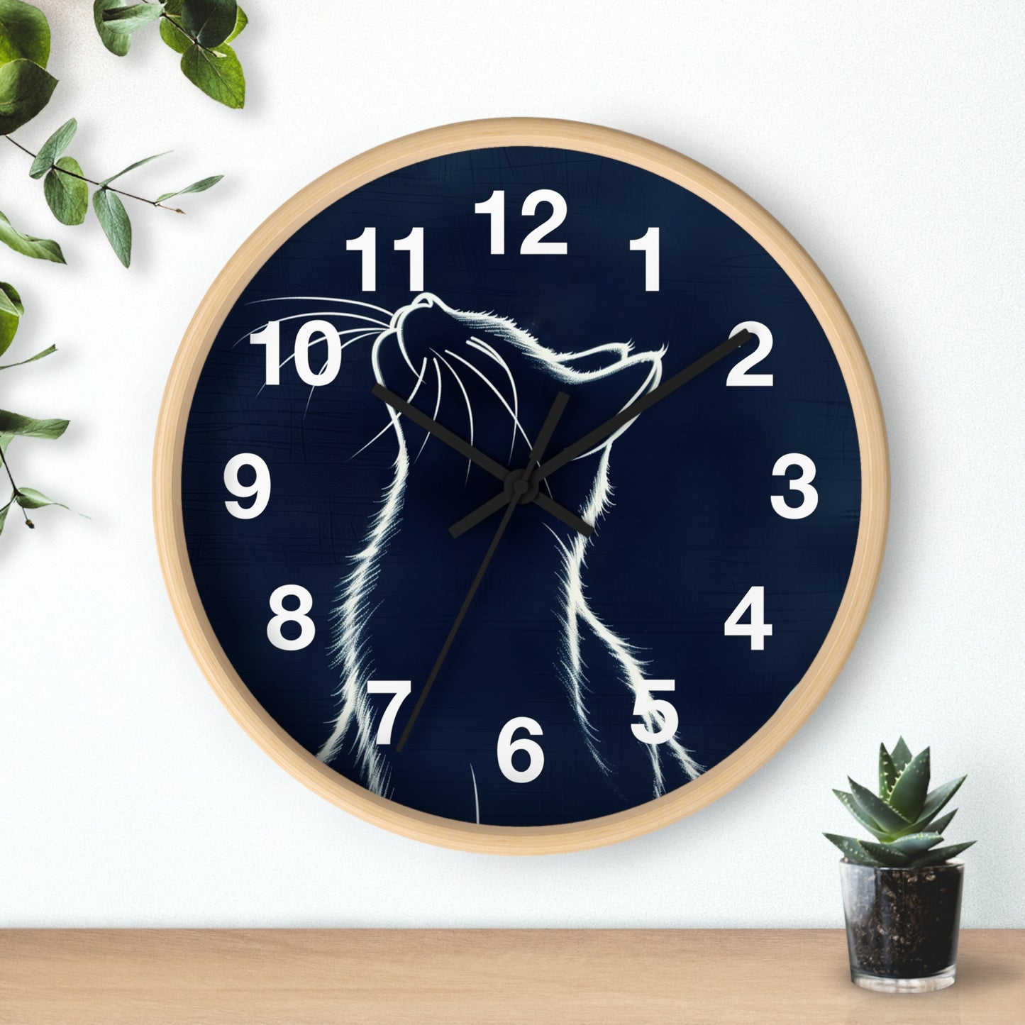 Moonlit Cat Wall Clock | Night Sky Silhouette, Minimal Numerals