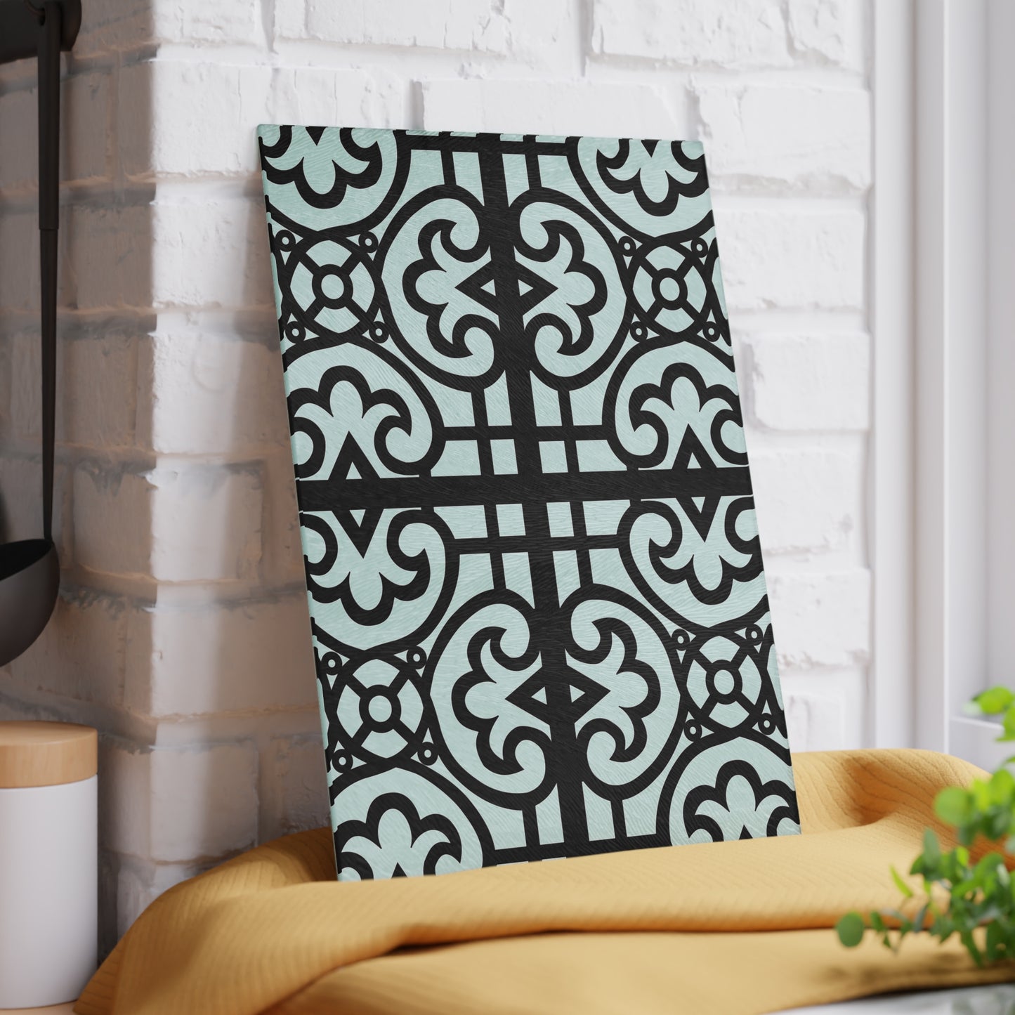 Glass Cutting Board — Decorative Moroccan Tile Pattern in Mint & Black