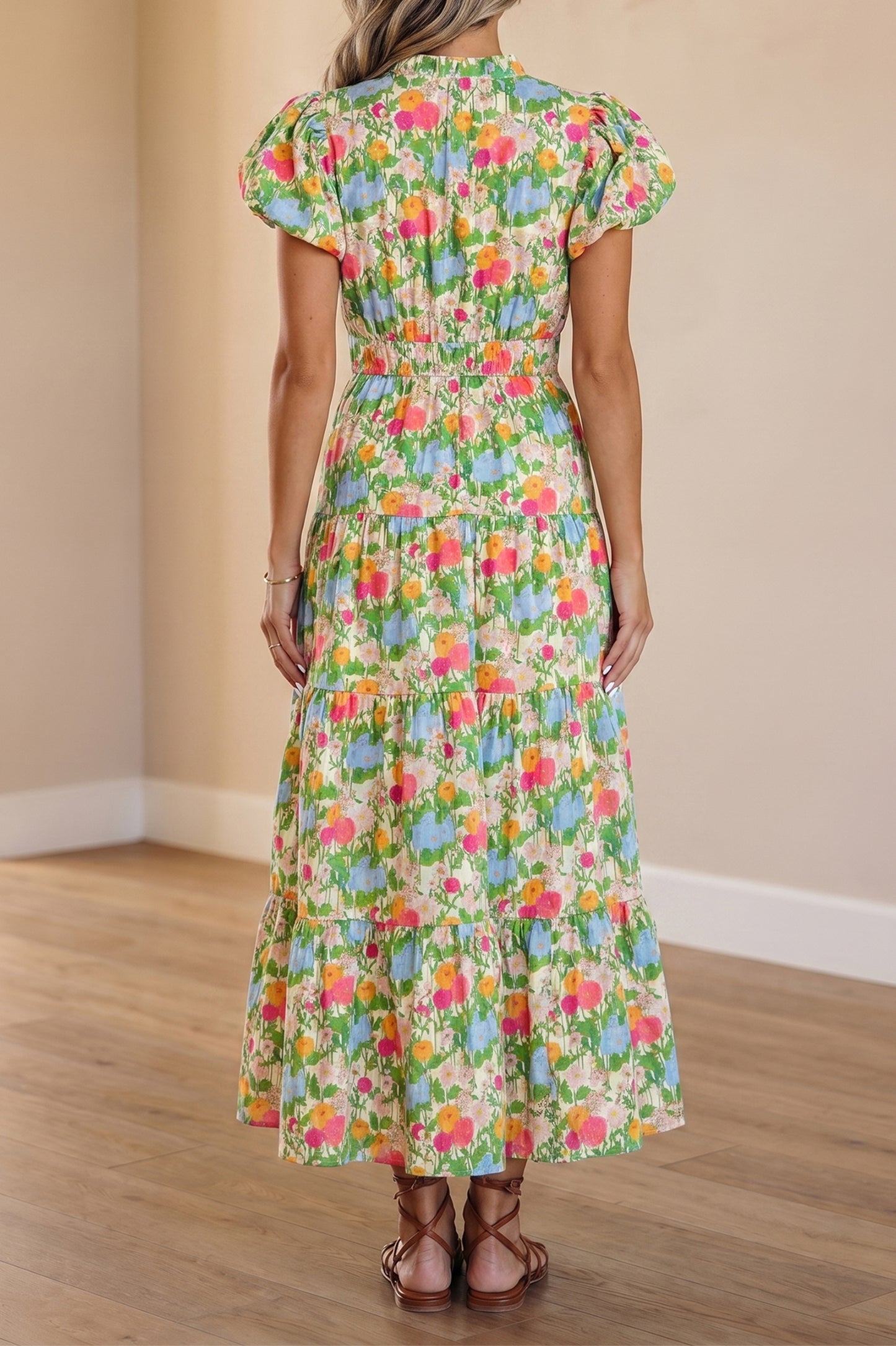 Green Floral Print V Neck Short Puff Sleeve Cotton Maxi Dress