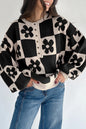 Black Flower Plaid Henley Baggy Sweater