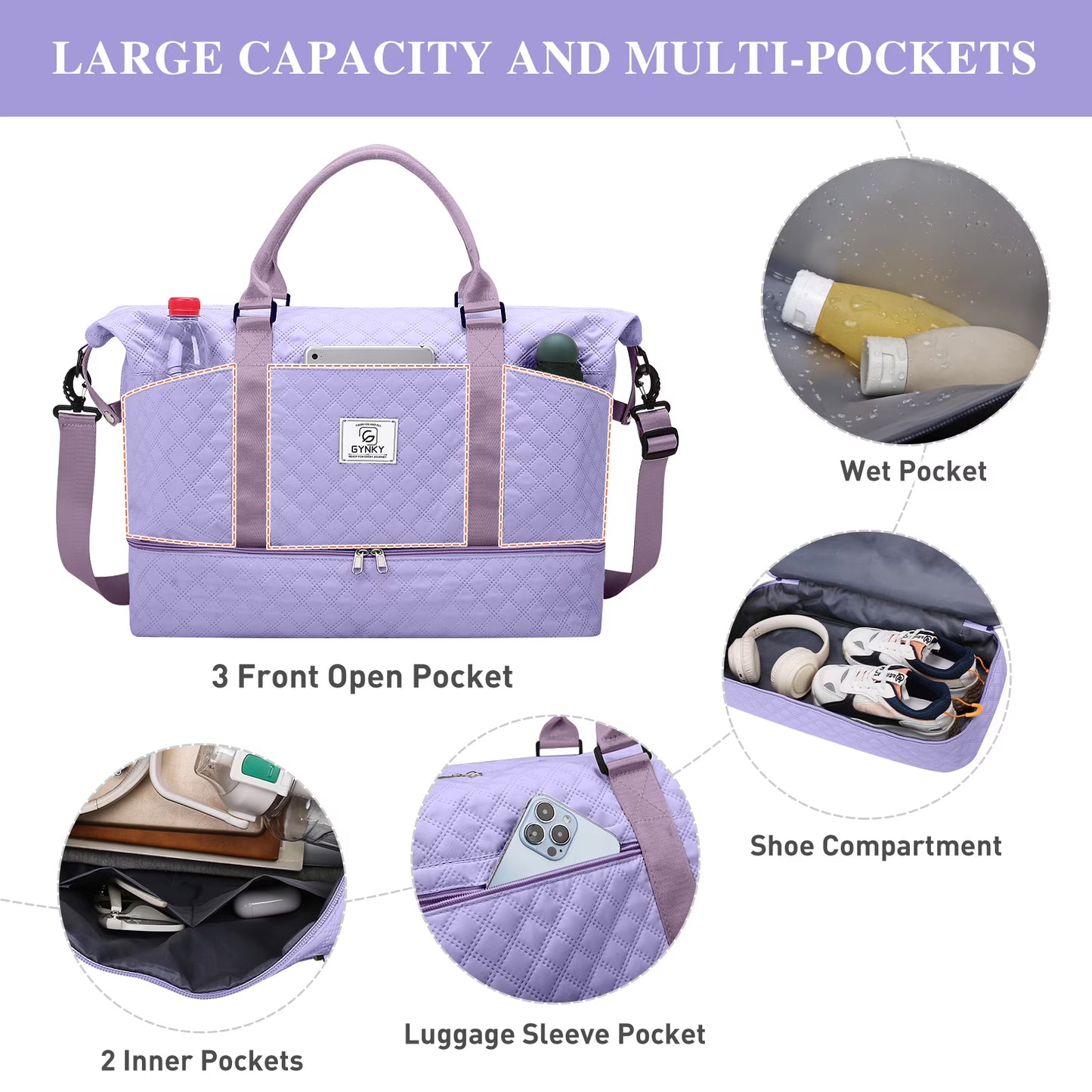 Gynky Travel Duffle Bag Weekender Bags for Women with Shoe Compartment Carry on Overnight Bag Gym Duffel Bag with Wet Pocket Hospital Bags for Labor and Delivery