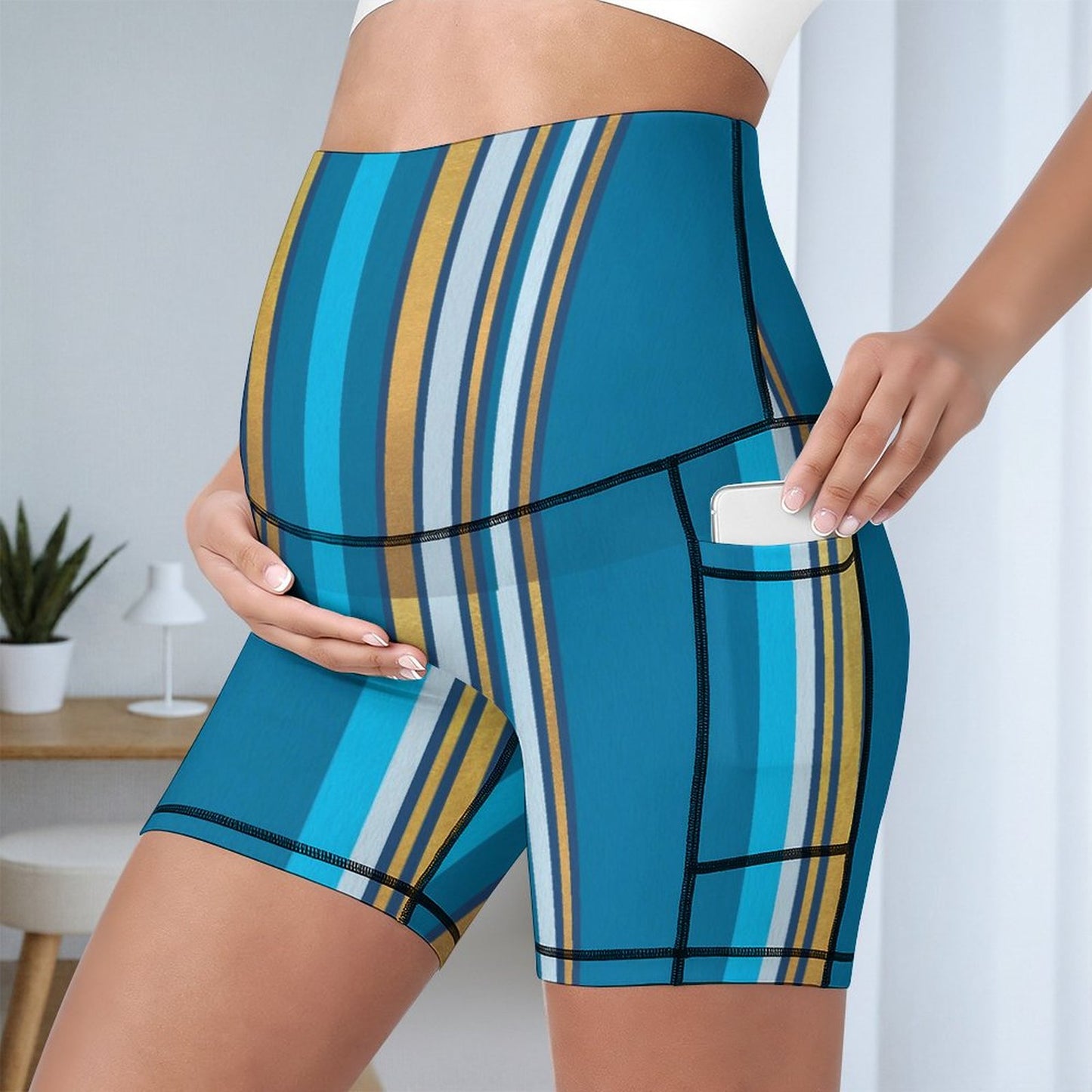 Pregnancy Yoga Shorts Blue Stripes