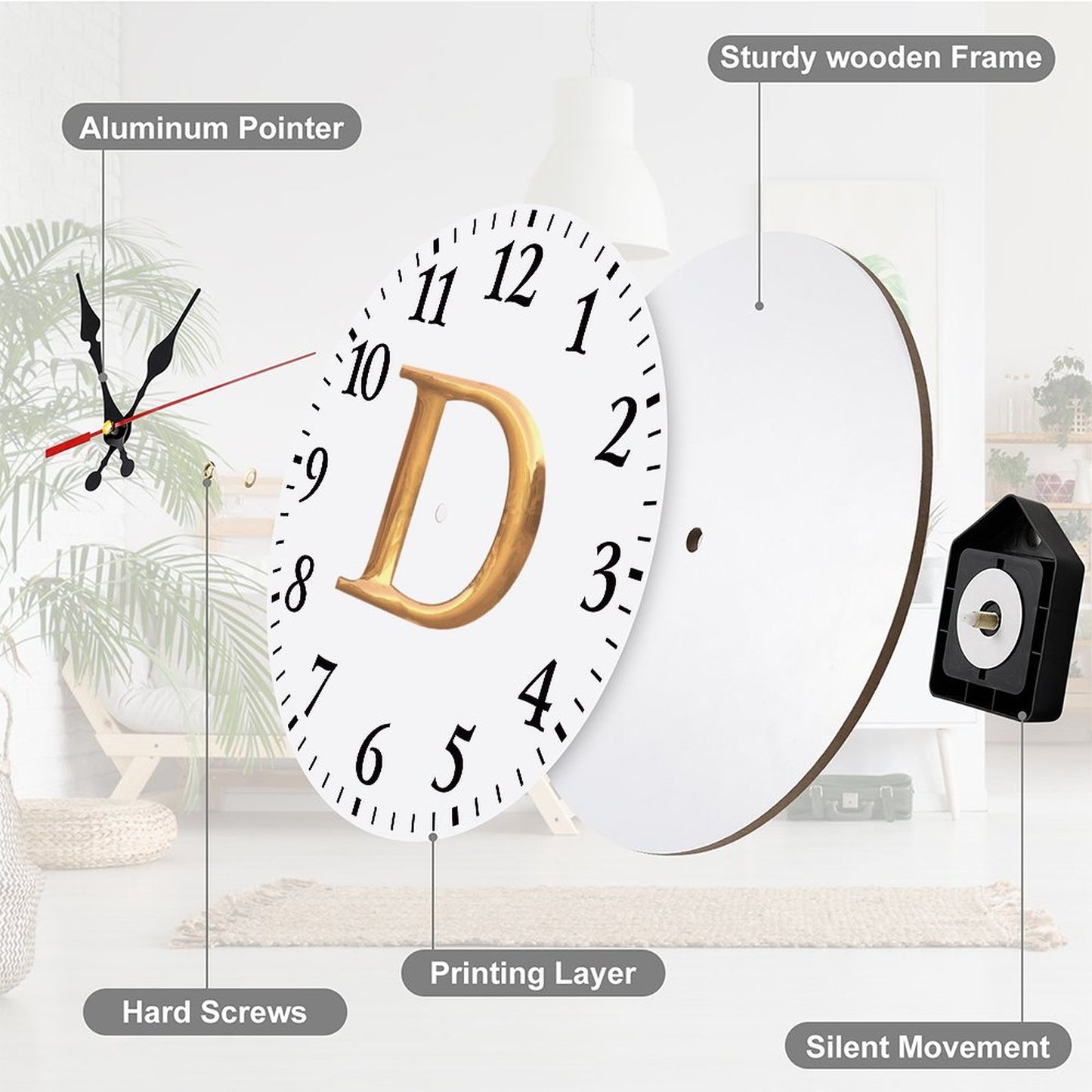 Modern Wooden Wall Clock - Letter D