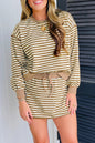 Brown Stripe Textured Drop Shoulder Pullover Top Drawstring Mini Skort Two Piece Dress Set