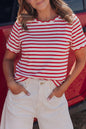 Red Stripe Scalloped Trim Round Neck T Shirt