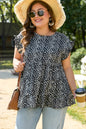 Black Leopard Print Ruffled Short Sleeve Keyhole Back Tiered Flowy Plus Size Blouse