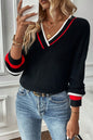 Black Contrast Striped Trim V Neck Drop Shoulder Sweater