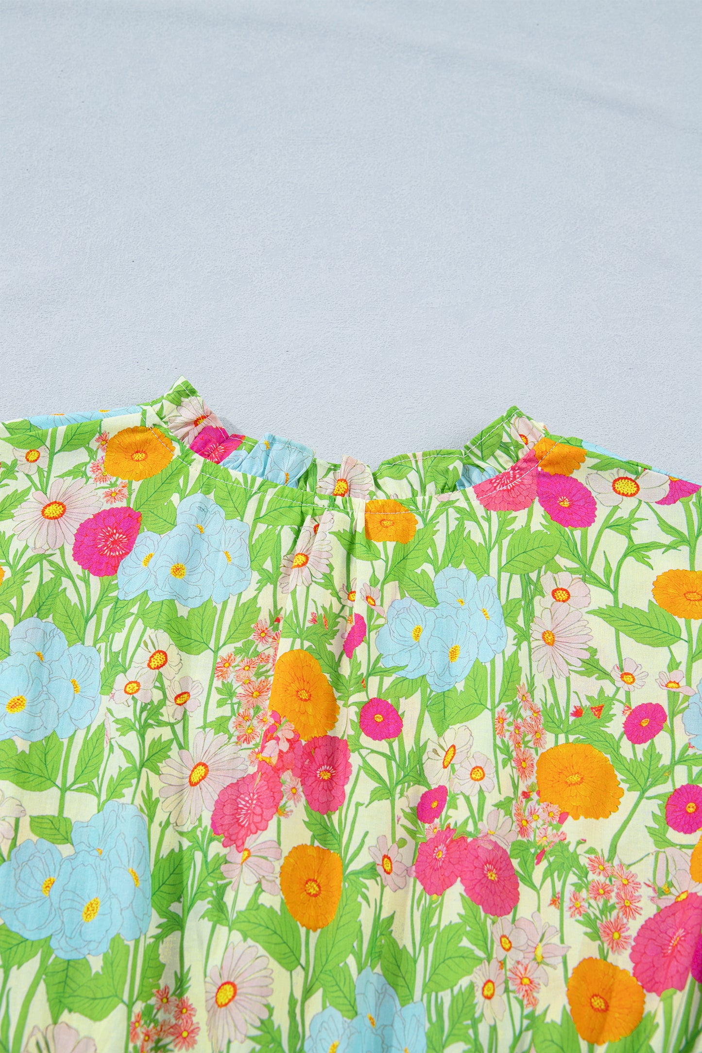 Green Floral Print V Neck Short Puff Sleeve Cotton Maxi Dress
