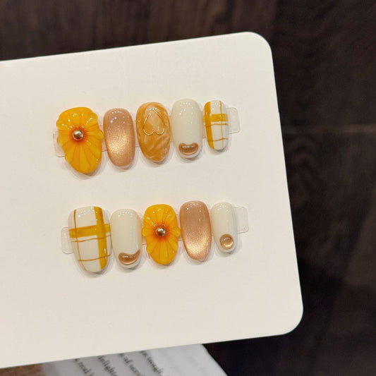 Yellow Plaid Flower Cute Press On Nails