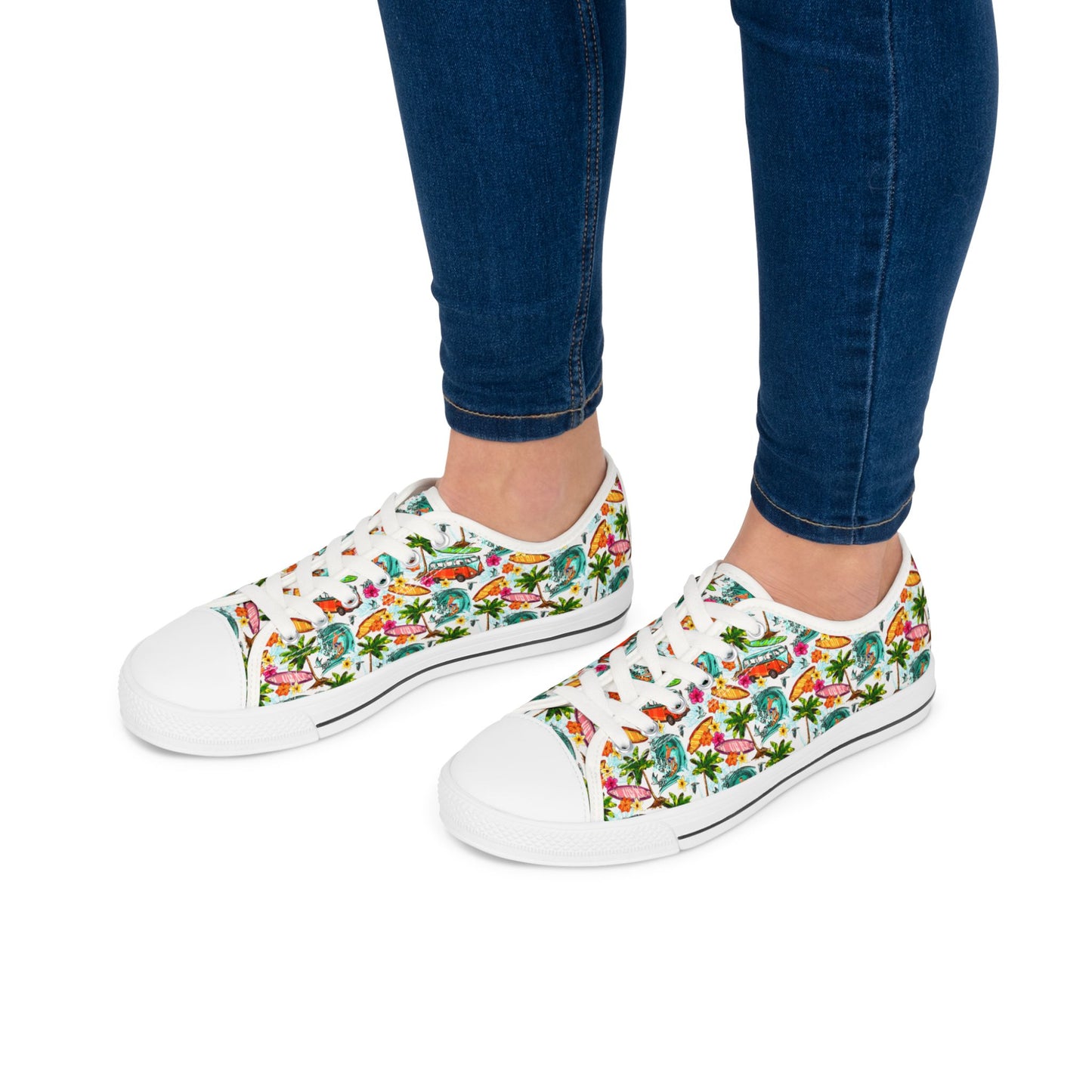 Tropical Floral Low Top Sneakers — Women's Colorful Palm & Hibiscus Print