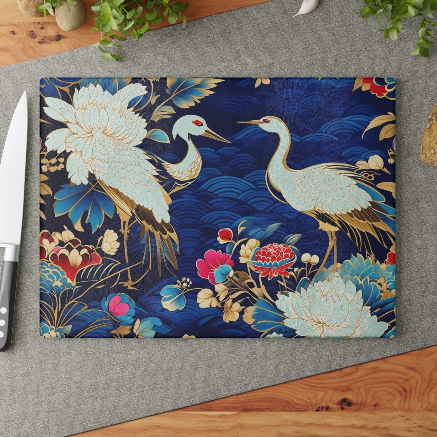 Glass Cutting Board - Elegant Japanese Crane & Peony Floral Pattern