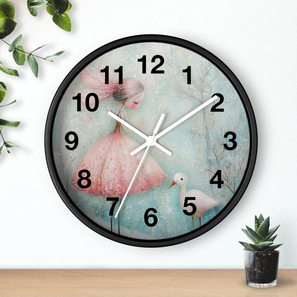 Whimsical Girl & Swan Wall Clock — Pastel Nursery Decor