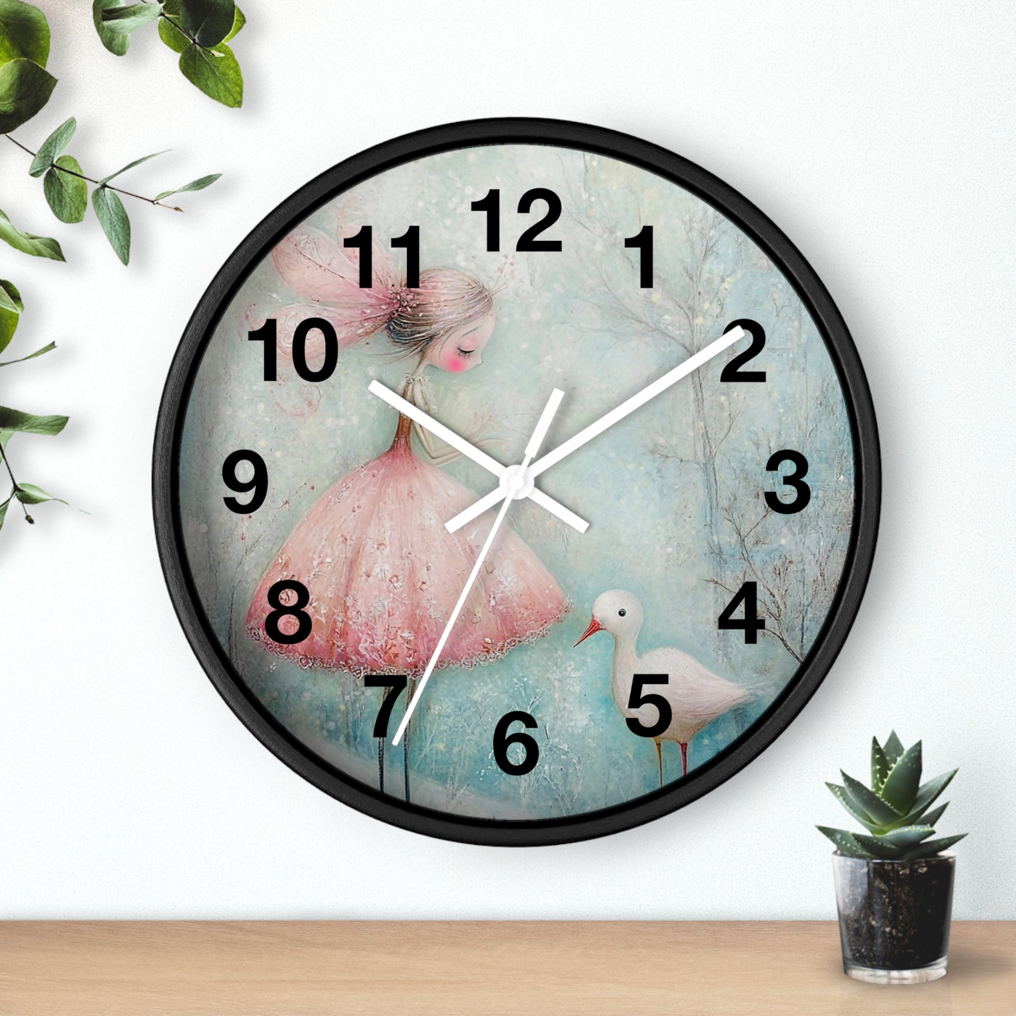 Whimsical Girl & Swan Wall Clock — Pastel Nursery Decor