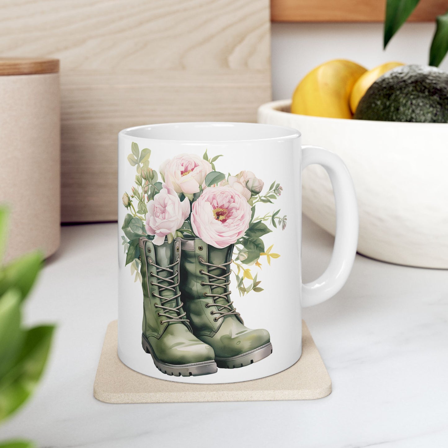 Floral Combat Boot Mug — Military Green Boot with Pink Roses Ceramic Coffee Cup (11oz & 15oz)