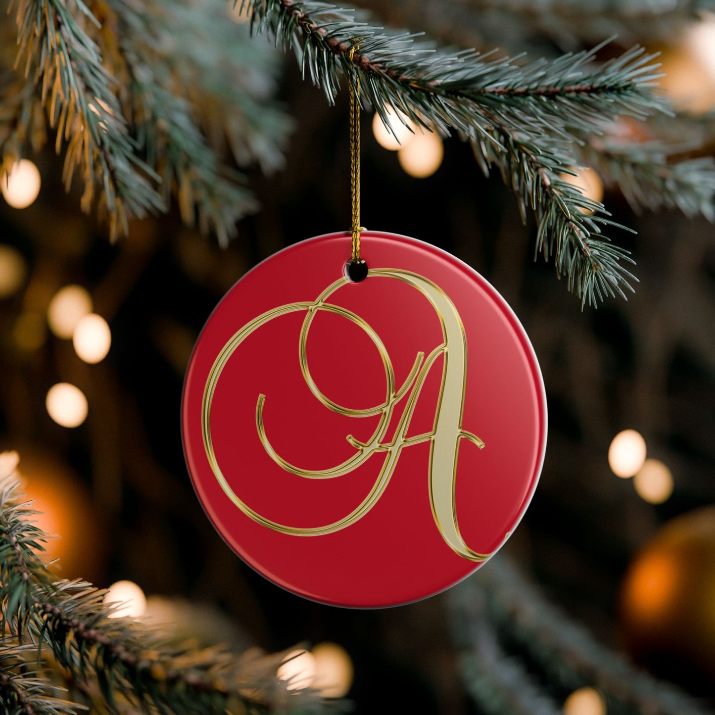 Monogram A Ceramic Ornament — Red & Gold Initial Holiday Decoration