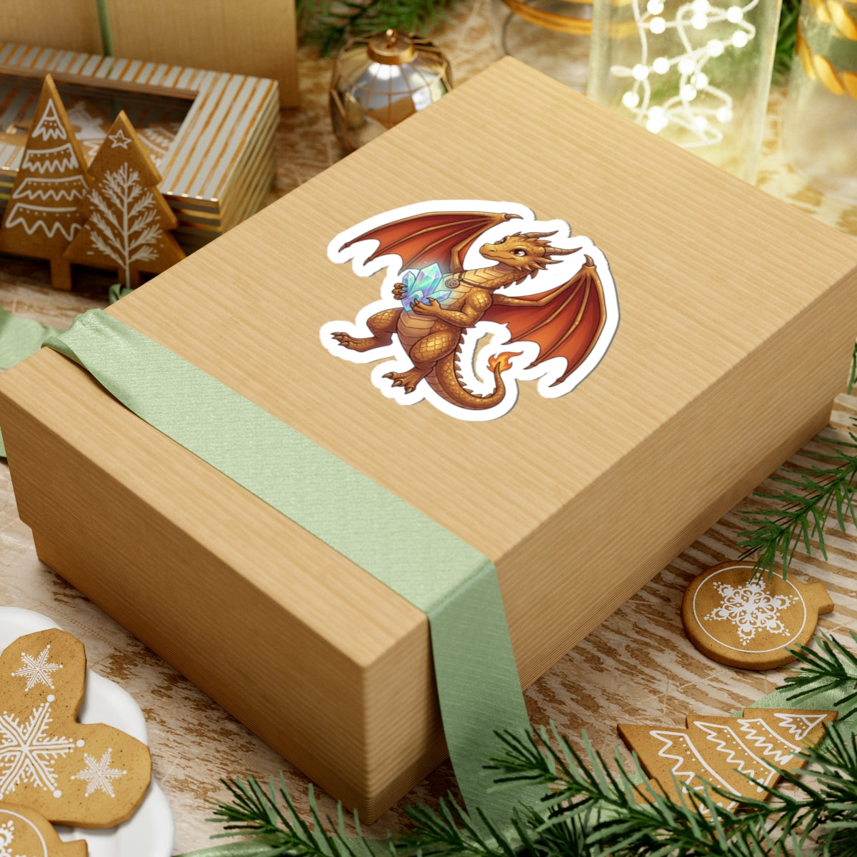 Golden Dragon Sticker — Cute Fantasy Dragon Holding Crystal Kiss-Cut Vinyl Sticker