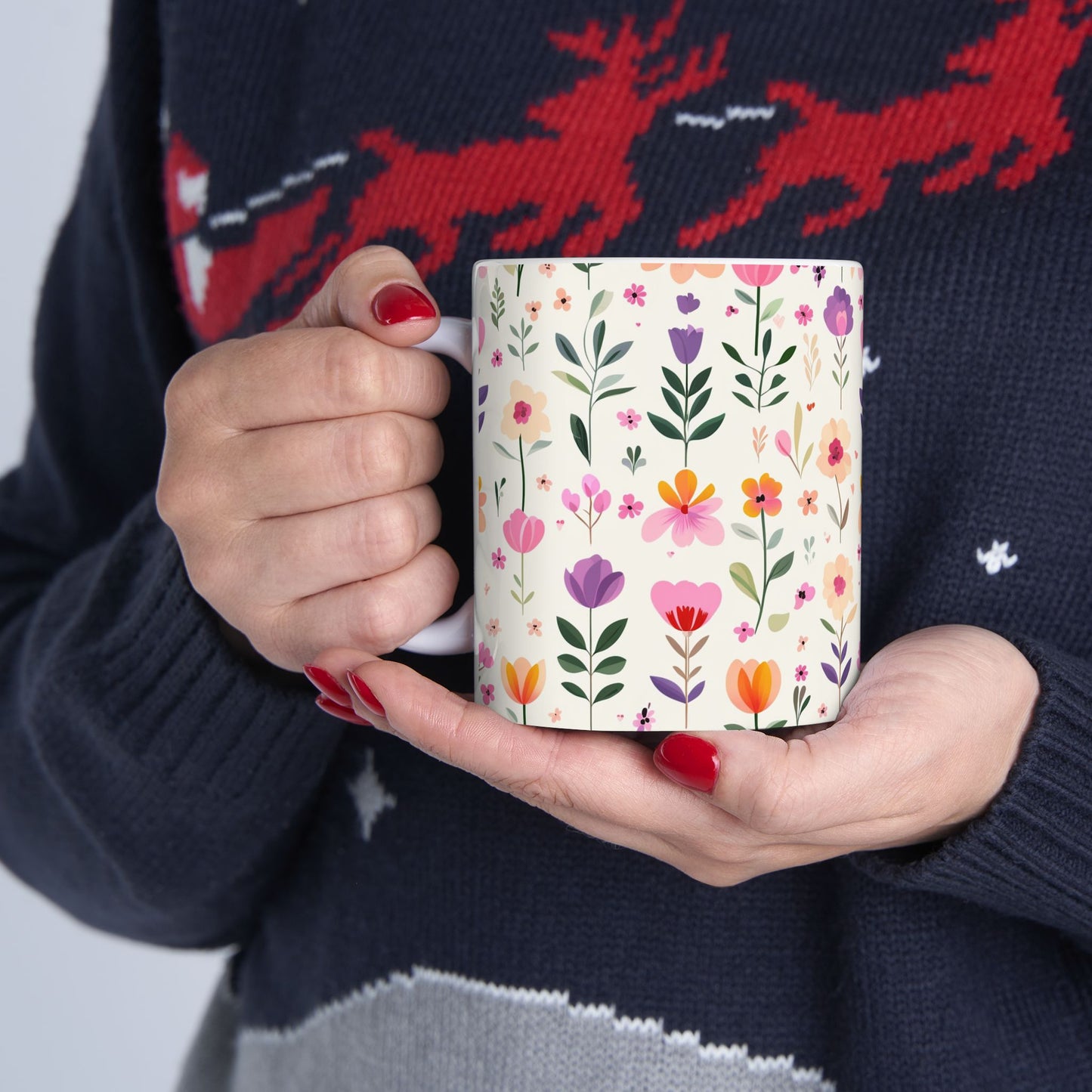 Floral Pattern Ceramic Mug — Pink Spring Flowers 11oz & 15oz