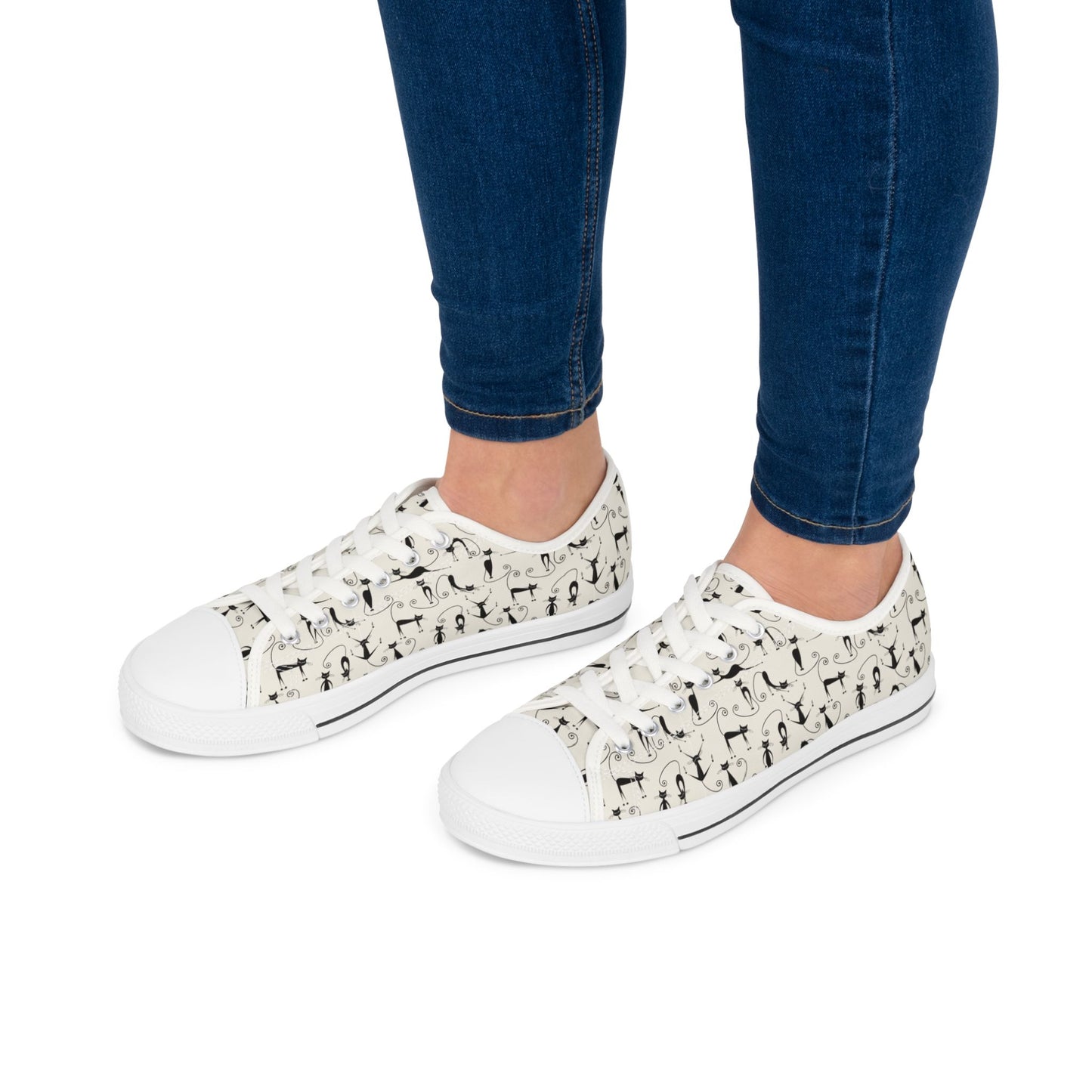 Low Top Sneakers — Vintage Black Cat Pattern Women’s Canvas Shoes