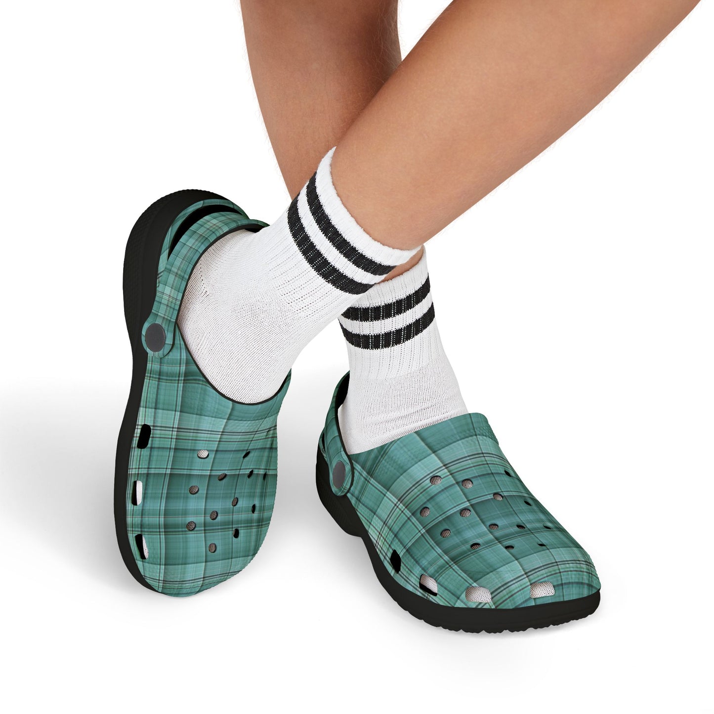 Kids Teal Plaid EVA Foam Clogs — Lightweight Slip-On Sandals for Toddlers & Children