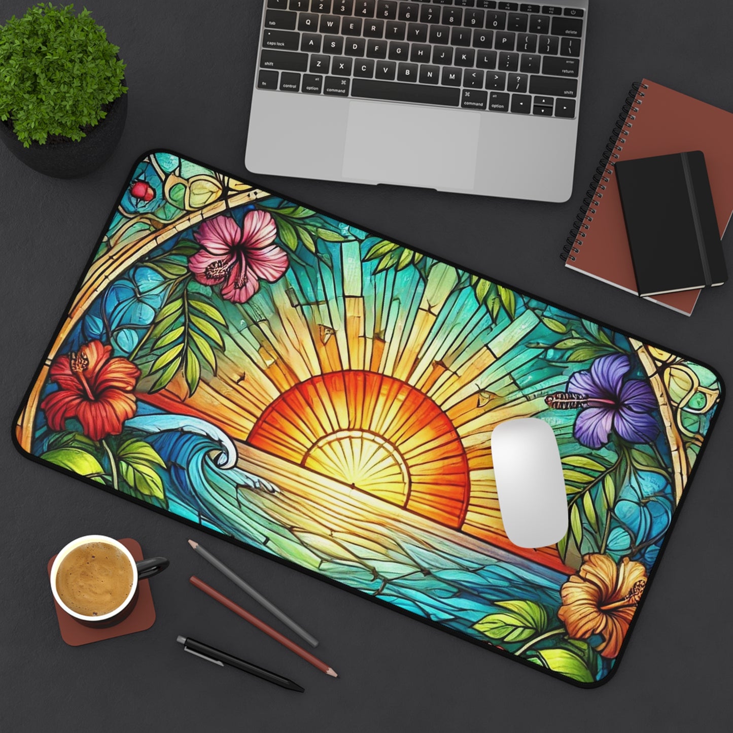 Sunset Tropical Desk Mat — Stained-Glass Sunrise Beach Mouse Pad