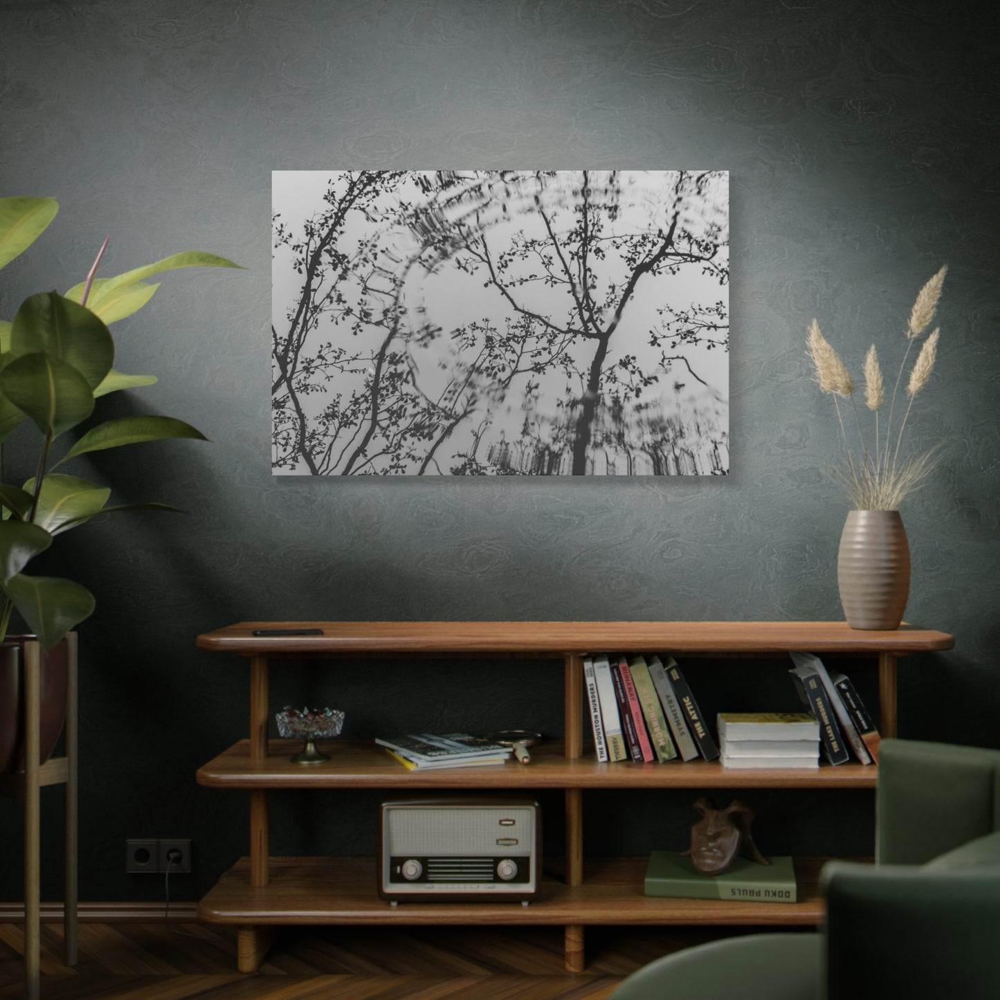 Canvas Wall Art — Monochrome Blurred Ferris Wheel with Tree Silhouettes
