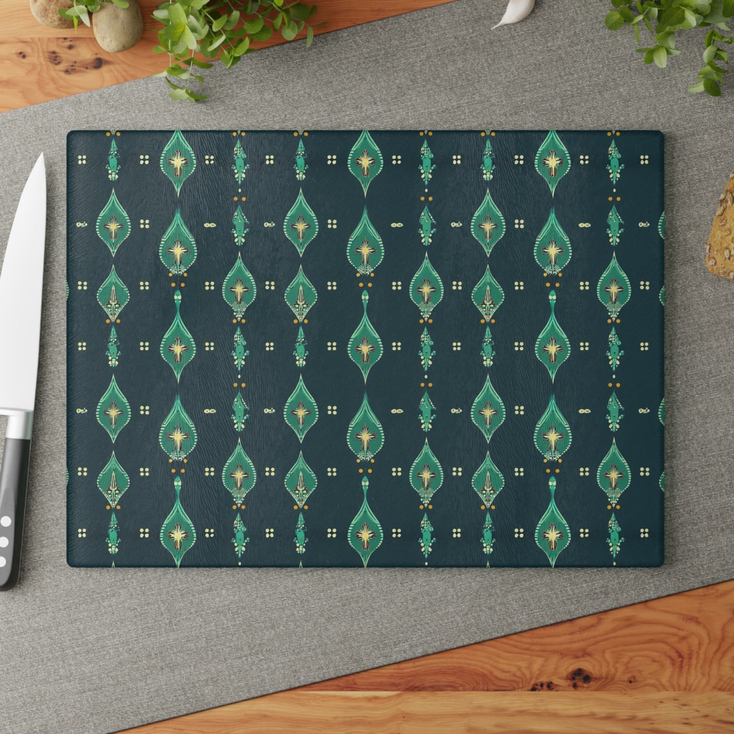 Teal Retro Geometric Glass Cutting Board
