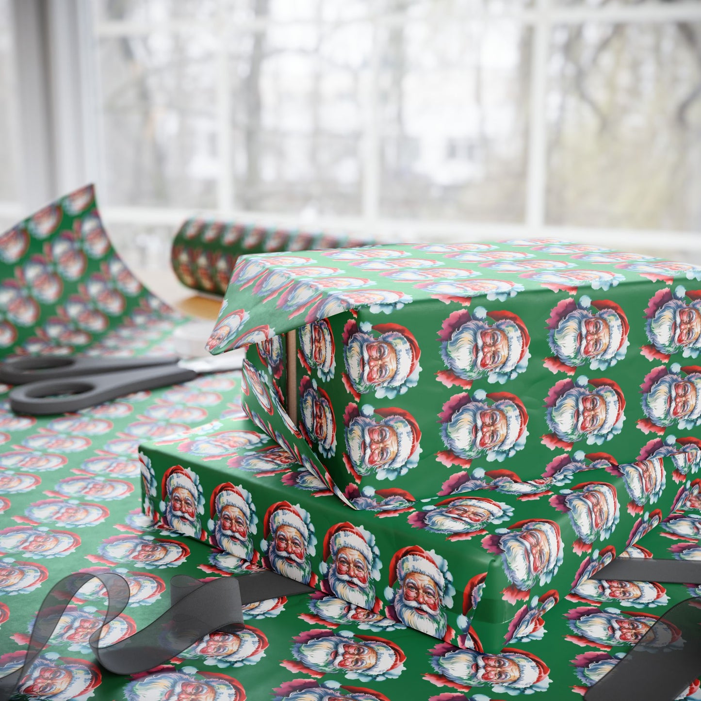 Santa Faces Green Christmas Wrapping Paper Roll