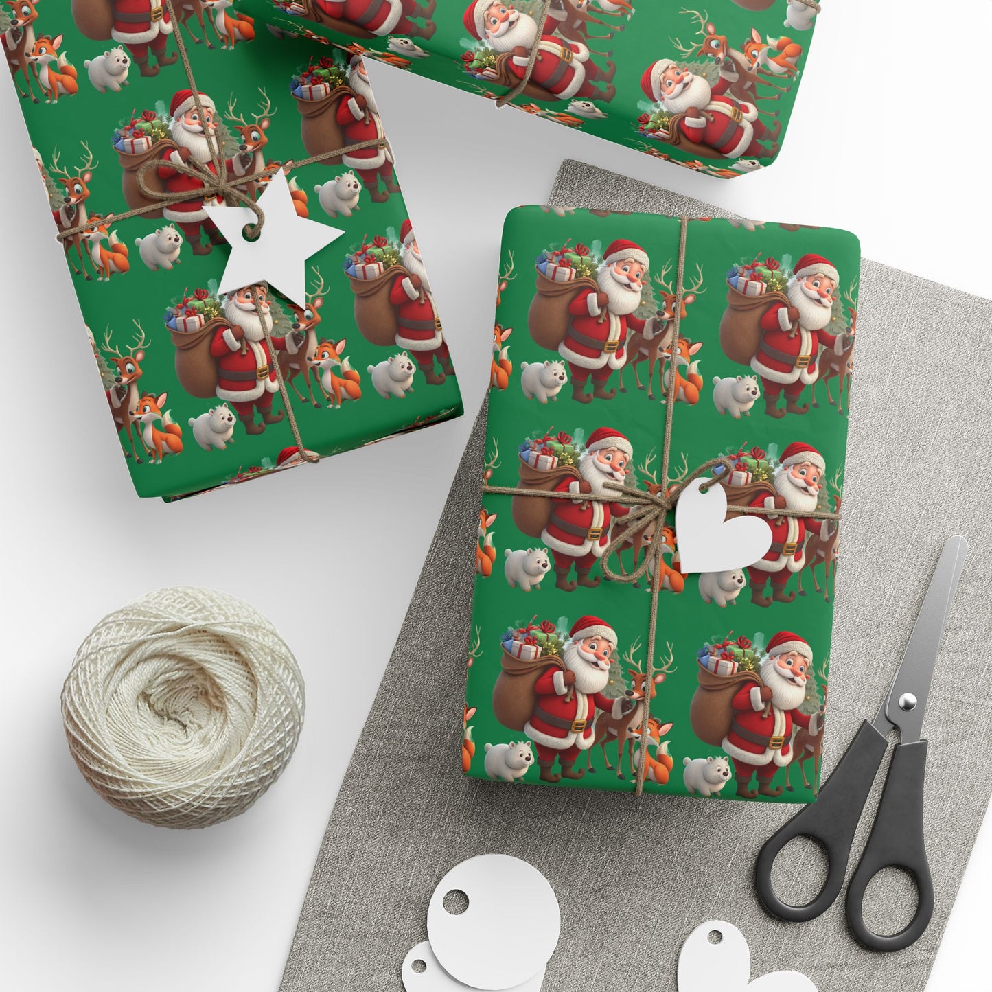 Christmas Santa & Reindeer Wrapping Paper Roll — Festive Green Holiday Gift Wrap