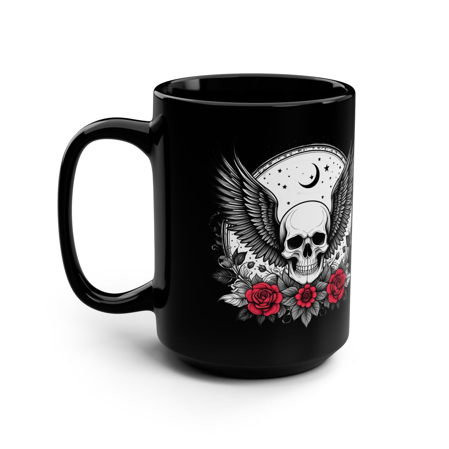 Black Skull & Roses Mug — 15oz Gothic Coffee Cup with Wings and Moon Design