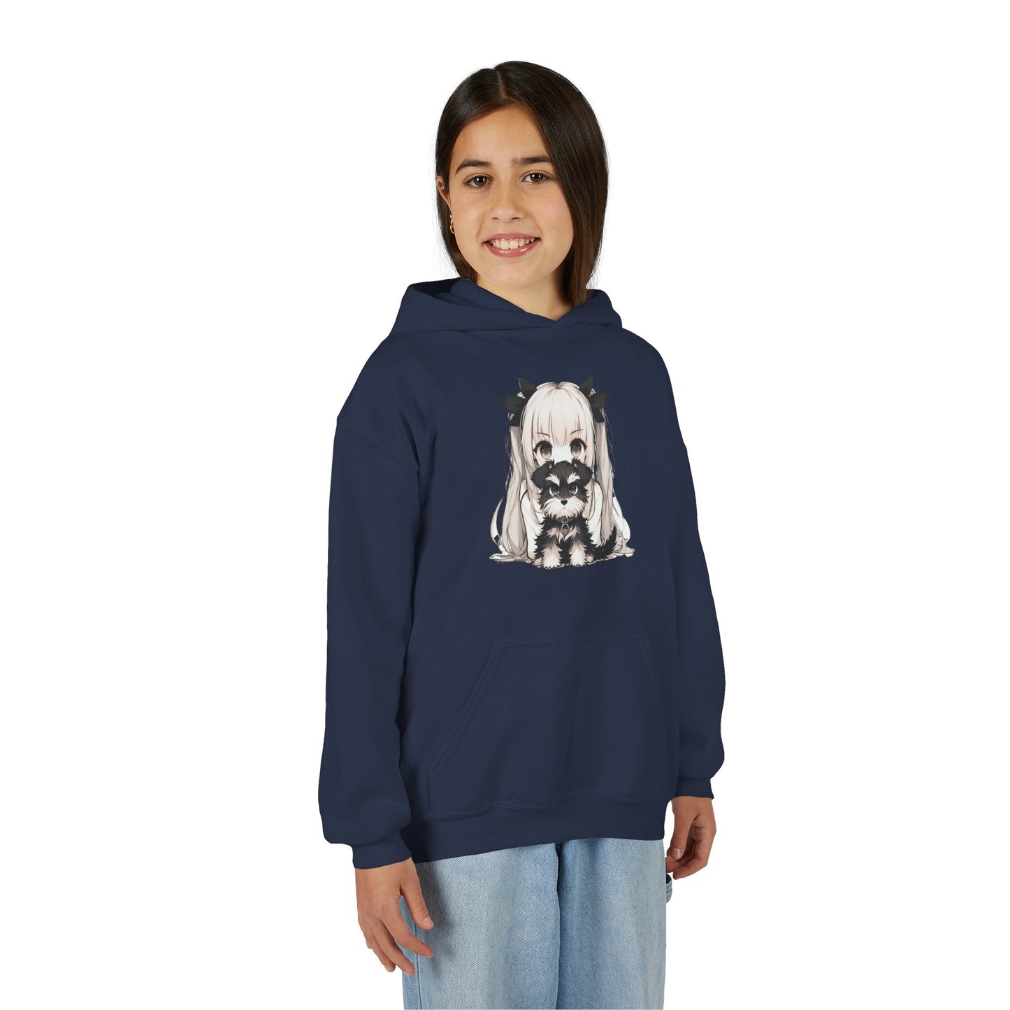 Cute Anime Girl & Puppy Youth Hoodie — Kawaii Kids Pullover for Anime Fans