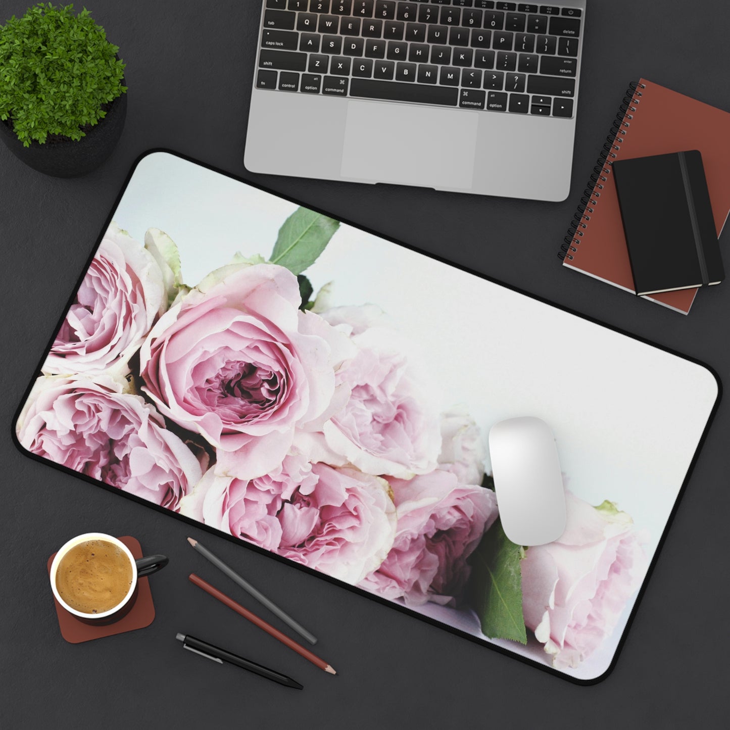 Floral Rose Desk Mat — Pink Peony Bouquet Mouse Pad for Office & Home